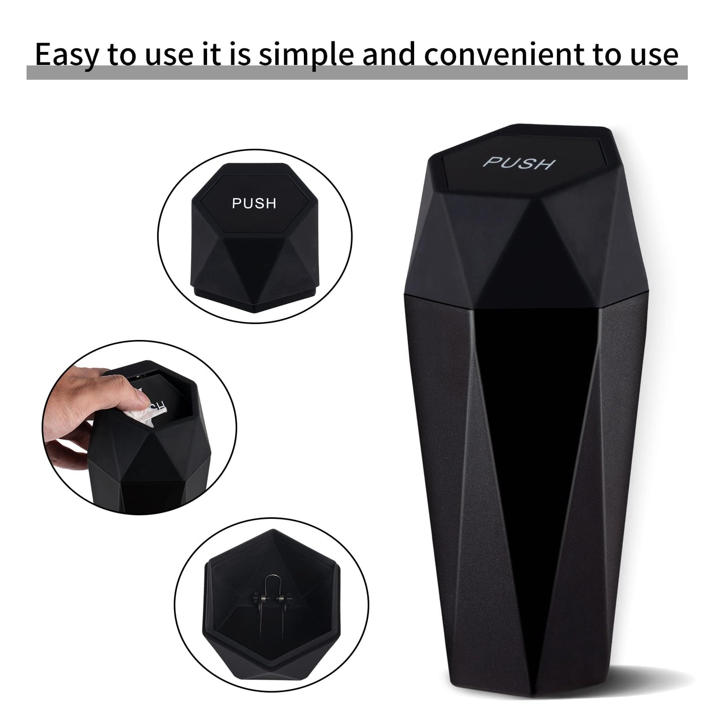 JUSTTOP Car Trash Can with Lid, Diamond Design Small Automatic Portable Trash Can, Easy to Clean, Used in Car Home Office Interior Accessories, 2PCS (Black)