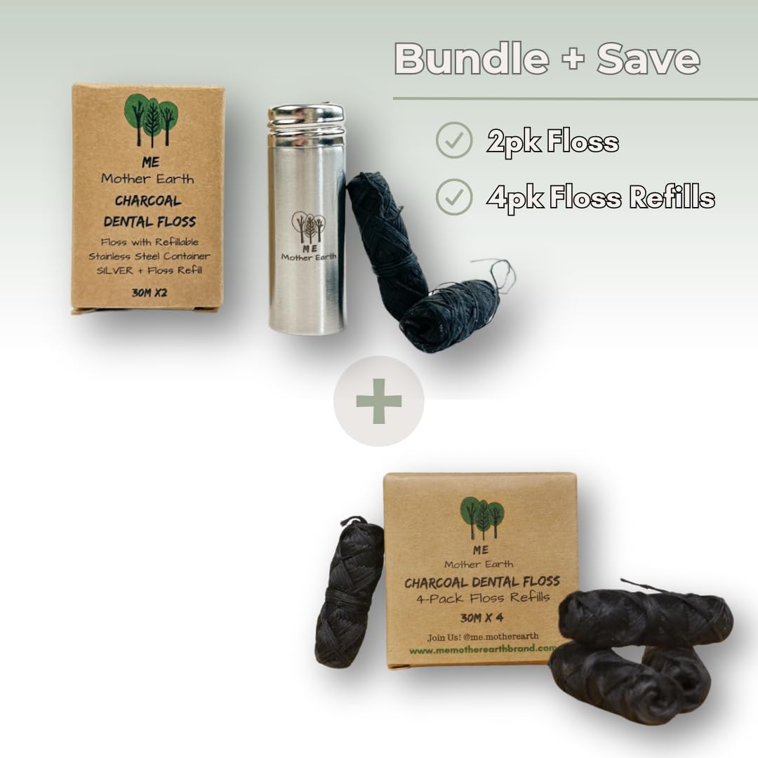 Vegan Biodegradable Bamboo Charcoal Dental Floss with Refillable Stainless Steel Container with 30M x4 | Peppermint Essential Oil | Eco Friendly Zero Waste Oral Care