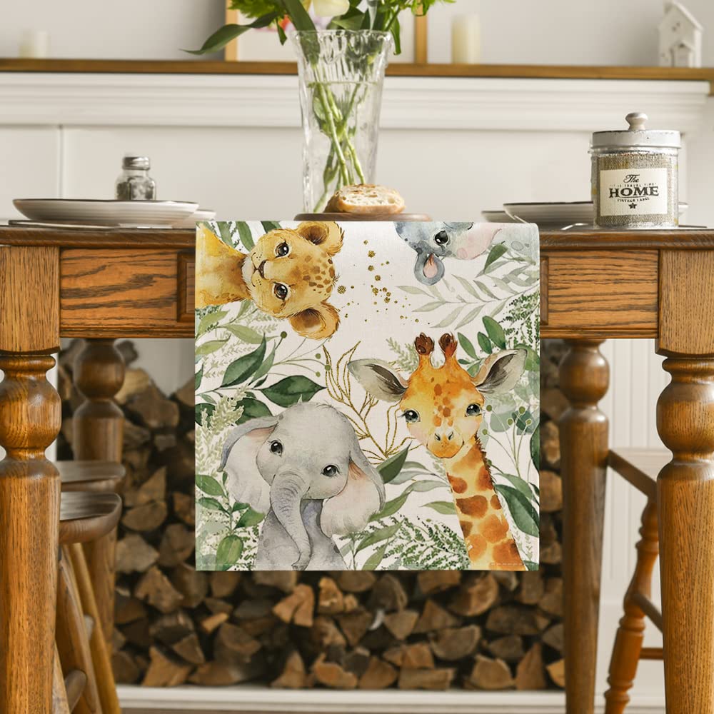 Artoid Mode Animals Elephant Giraffe Baby Shower Table Runner, Seasonal Spring Summer Kitchen Dining Table for Home Party Decor 13x60 Inch