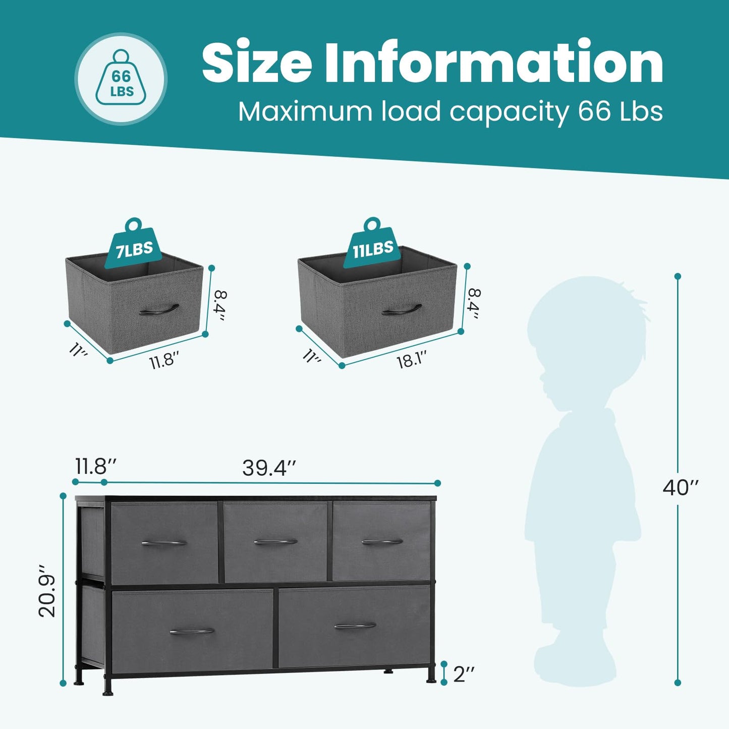 OLIXIS Dresser for Bedroom with 5 Drawers, Wide Chest of Drawers, Fabric Bedroom Dresser with Drawer Organizers, Storage Organizer Unit with Fabric Bins for Closet, Living Room, Hallway, Grey