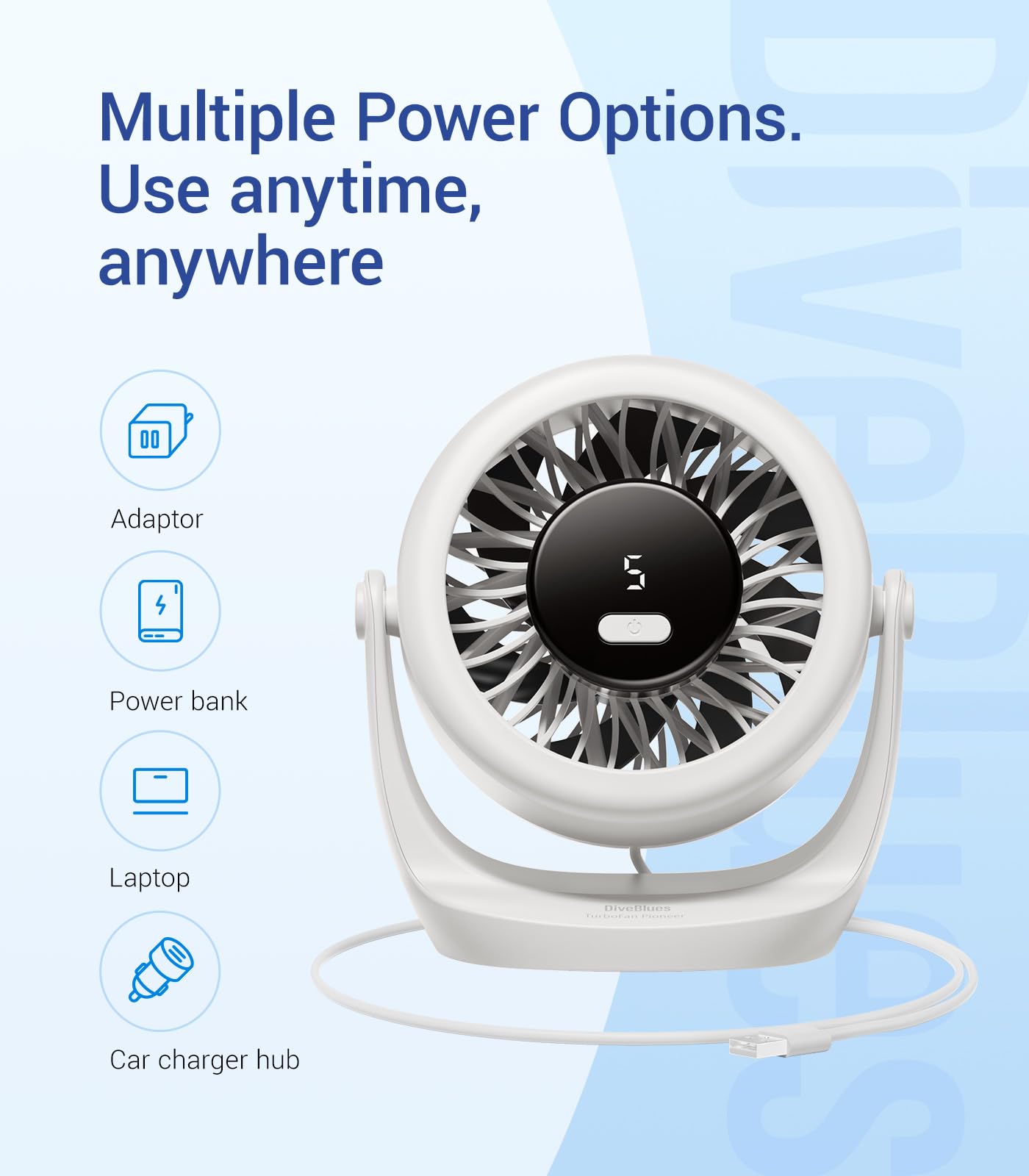 Diveblues USB Desk Turbo Fan, Ultra-Quiet Mini Desk Fan, Powerful Wind, LED Display, 5 Speed, 360° Rotating Small Portable Fan for Home, Office and Outdoor Cool Tech Gadgets - TurboBreeze