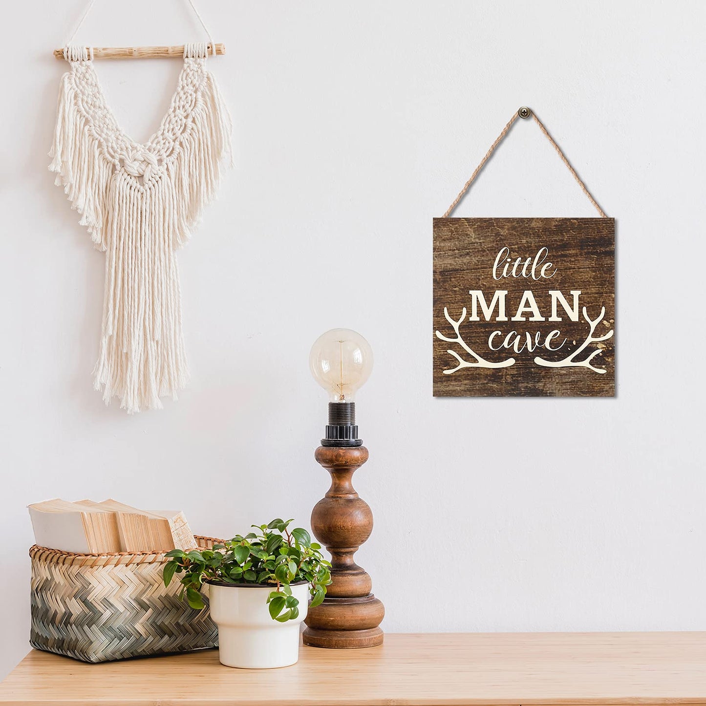 Little Man Cave Wood Sign Decor Home Vintage Little Man Cave Antlers Wood Pallet 7 x 7 Inch Rustic Brown Wall Hanging Sign Farmhouse Wall Decor for Baby Home Bedroom Living Room