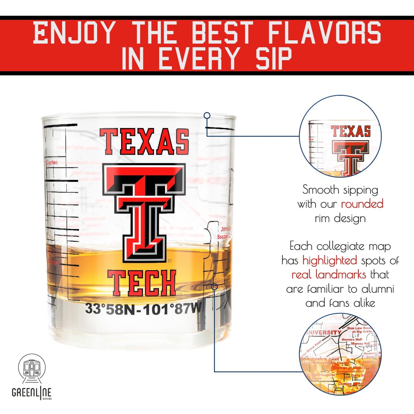 Greenline Goods Texas Tech University Whiskey Glass Set (2 Low Ball Glasses) - Contains Full Color Raider Red Logo & Campus Map - Gift Idea for Texas Tech College Grads & Alumni - Glassware