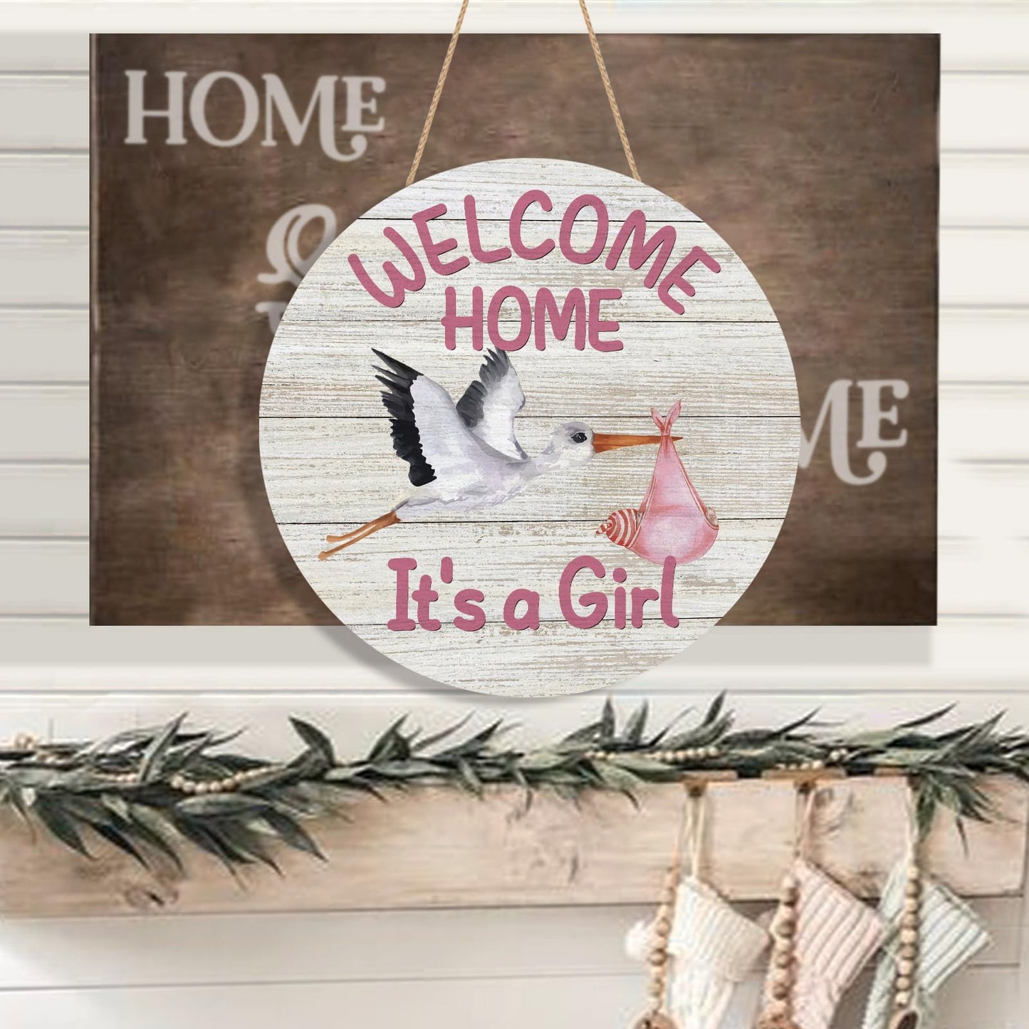 YINENA Welcome Home Baby Girl Door Sign Wood Door Hanger for Outdoor Outside Porch Farmhouse Newborn Gender Reveal Stork Wooden Indoor Wall Hanging Decoration