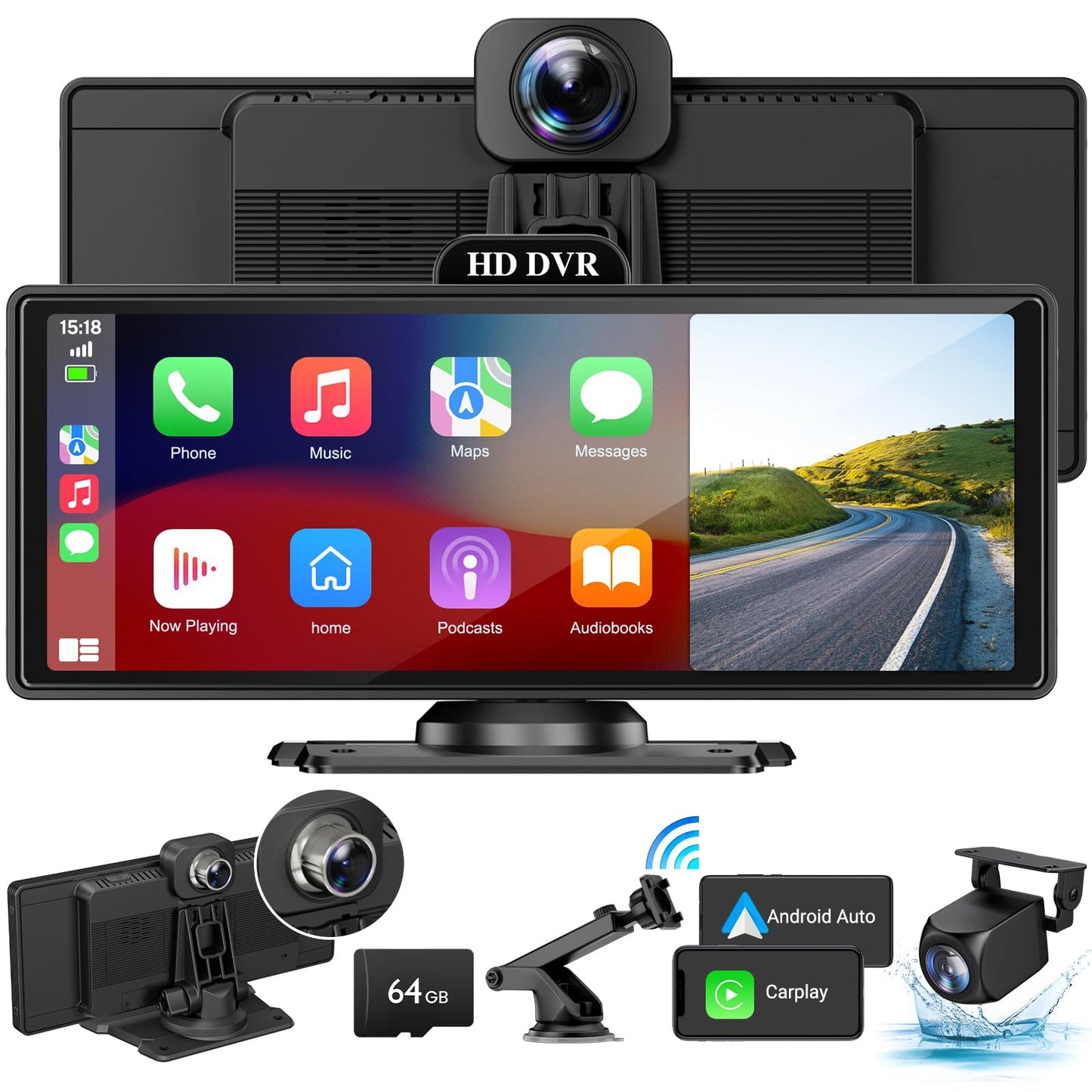 Wireless Apple Carplay Screen for Car 4K Dash Cam, 10.26" HD Touchscreen with Portable Apple Carplay & Android Auto Car Stereo, 1080p Backup Camera, GPS Navigation/Mirror Link/Voice Control/Bluetooth