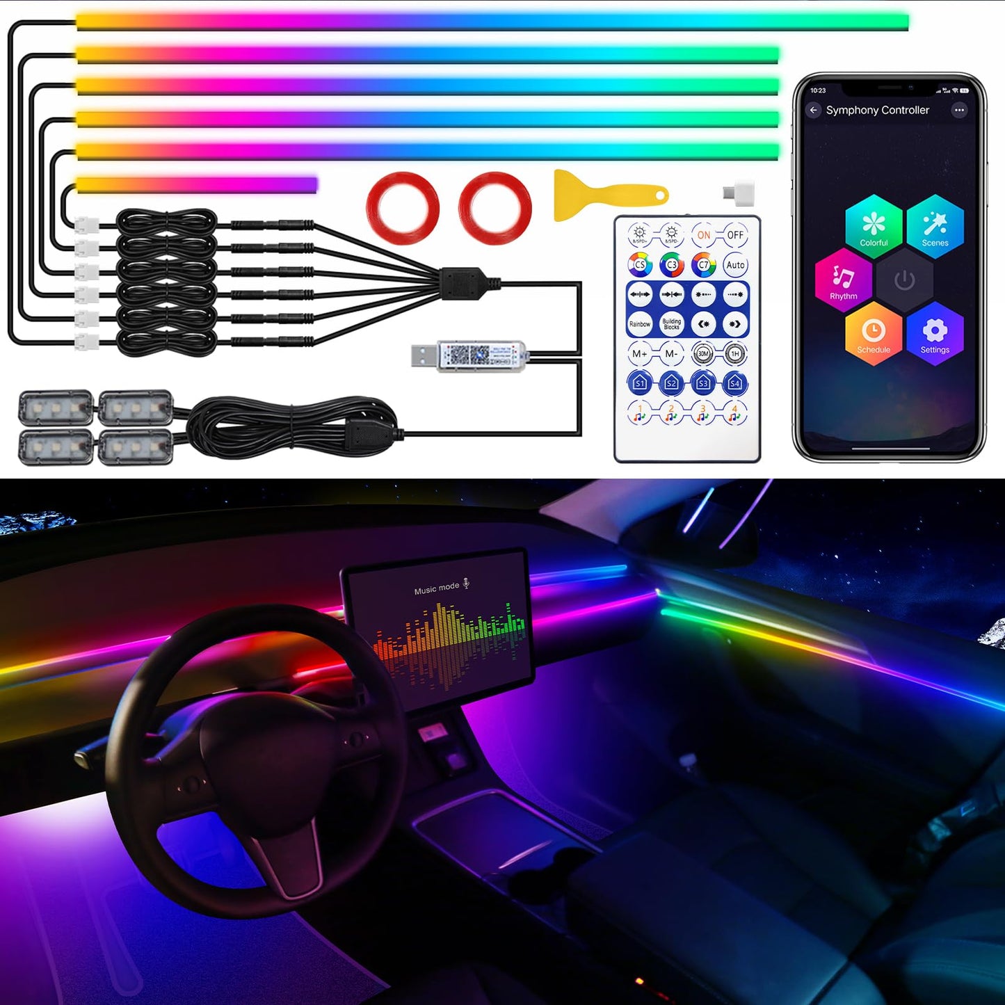 Tesla Model 3/Y/S/X Dreamcolor Acrylic Interior Car LED Strip Light with USB/Type C, 10 in 1 with 175 inches 600 LEDs Tesla Ambient Lighting Kits, Sound Active Function Neon Tesla Accessories