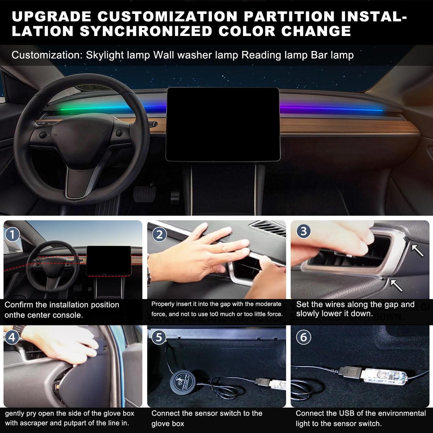 Tesla Model 3/Y/S/X Dreamcolor Acrylic Interior Car LED Strip Light with Motion Sensor Switch, 55.1 inches Tesla Neon LED Strip Light, RGB Colors Tesla Ambient Lighting Kits