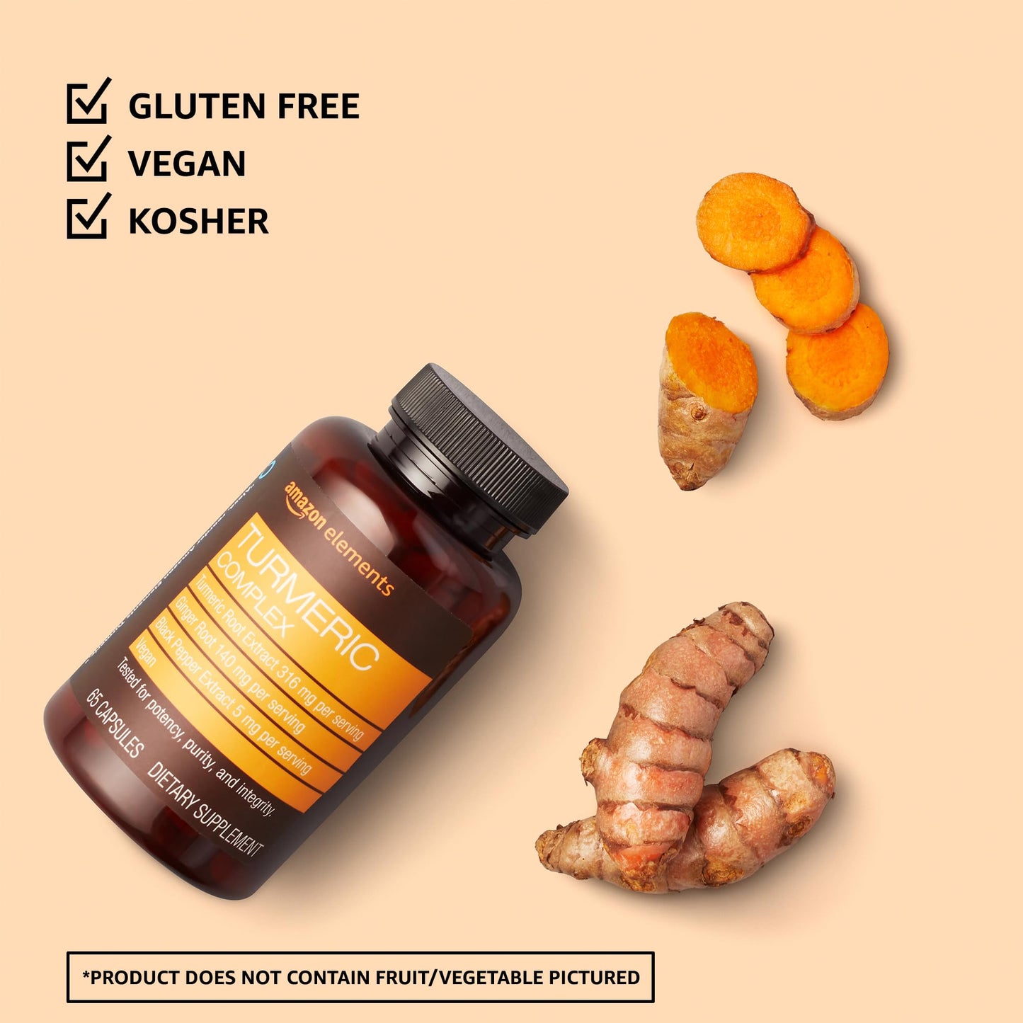 Amazon Elements Turmeric Complex, 316 mg Curcumin, 140 mg Ginger, 5 mg Black Pepper - Joint & Immune System, Healthy Inflammation Response - 65 Capsules (2 month supply)