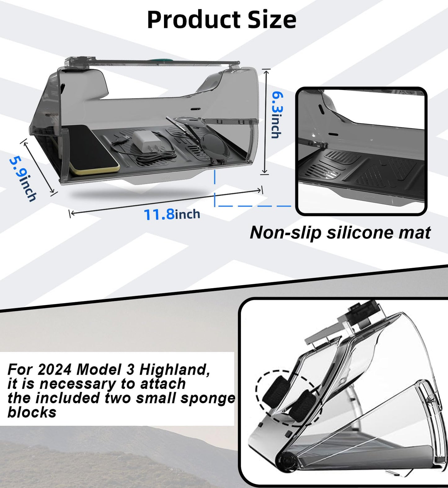 WinDu Under Screen Storage for Tesla Model 3 Y 2016-2025, Open and Close Hideable Center Console Organizer Tray with Anti-Slip Silicone Pad, Interior Accessories