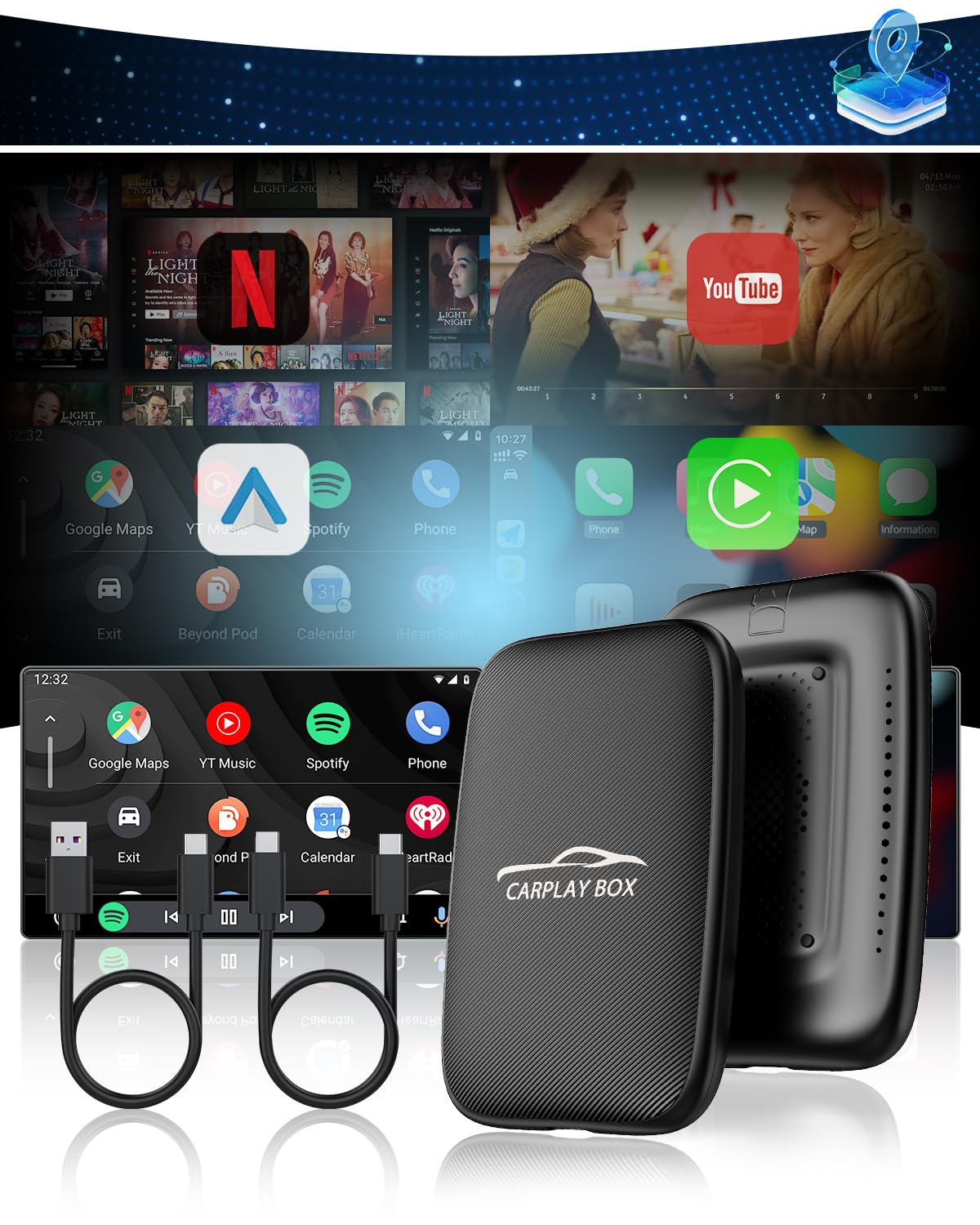 5 in 1 Wireless CarPlay Adapter with Netflix YouTube, 2025 New Carplay Wireless & Android Auto Adapter Converts Wired to Wireless Carplay Dongle Magic CarPlay Ai Box Streaming Video for iPhone/Android