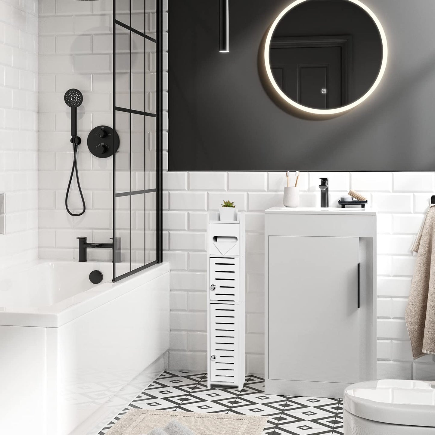 TuoxinEM Storage Cabinet for Small Spaces, Over The Toilet Cabinet for Skinny Bathroom Storage Corner Floor, Slim Paper Storage with 2 Doors & Shelves (White)