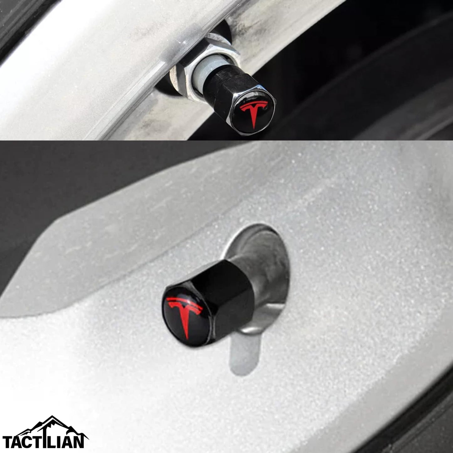 TACTILIAN Red Tire Valve Stem Caps for Tesla Model 3, S, X, Y | Leakproof Aluminum Tire Valve Caps with Rubber O-Rings Compatible with Tesla Car Accessories | Tire Valve Stem Covers Tire Caps 4 Pack
