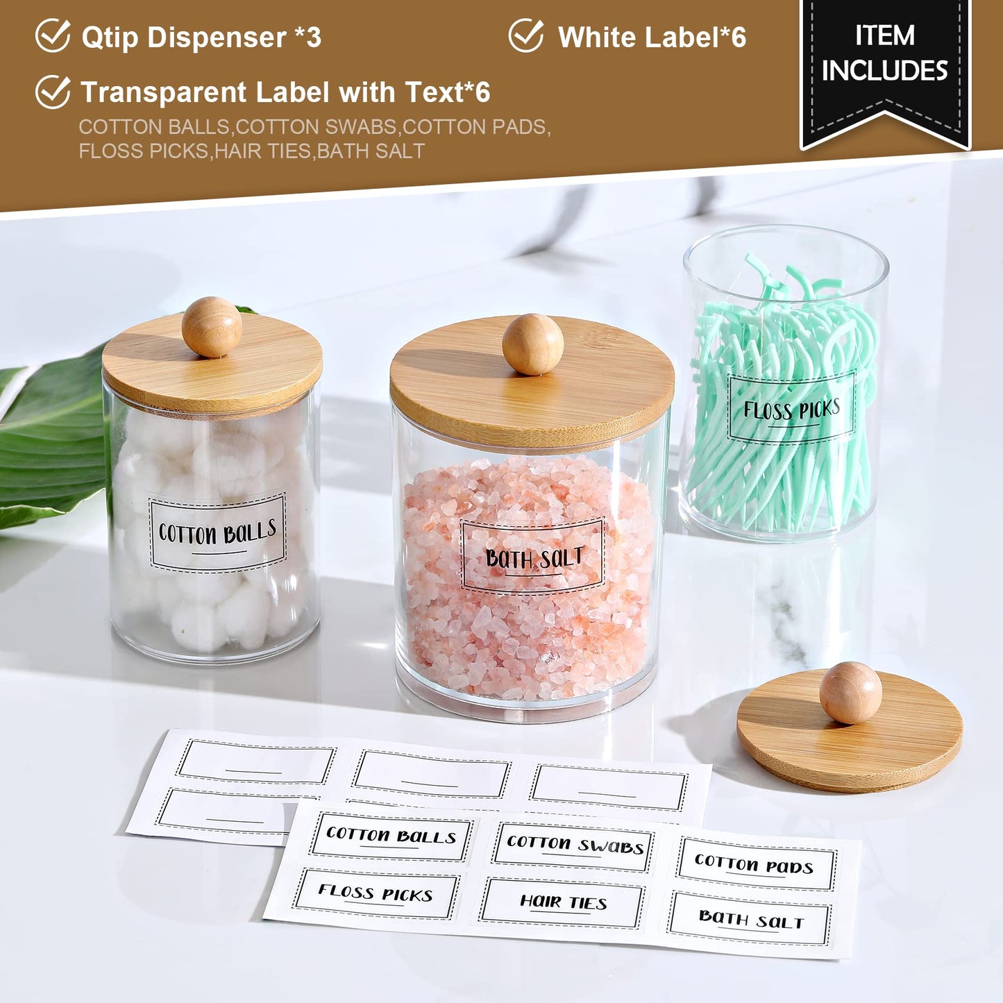 3 Pack Qtip Holder Dispenser with Bamboo Lids - Apothecary Jar Containers for Vanity Organizer Storage - Bathroom Accessories Set for Cotton Swab, Ball, pads, floss
