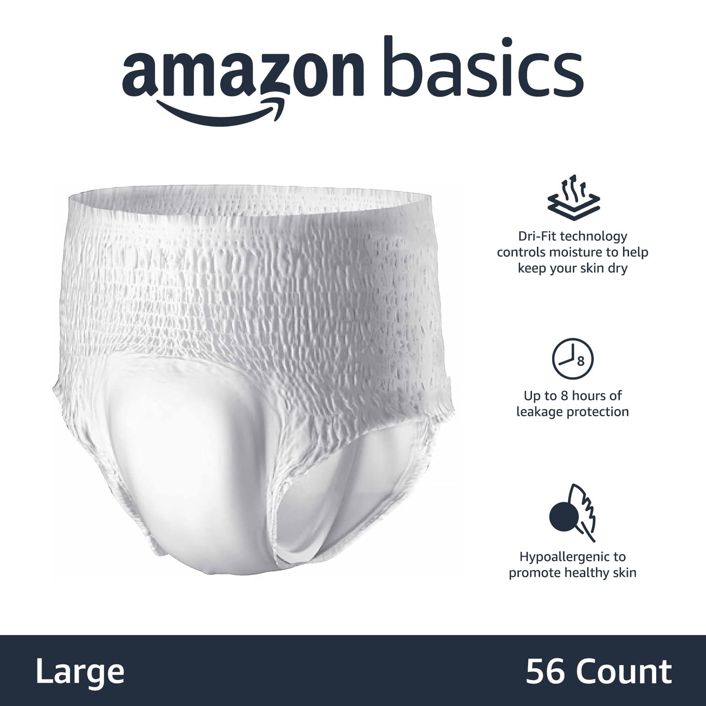 Amazon Basics Unisex Protective Underwear, Overnight Absorbency, Large, 56 Count, (4 Packs of 14)