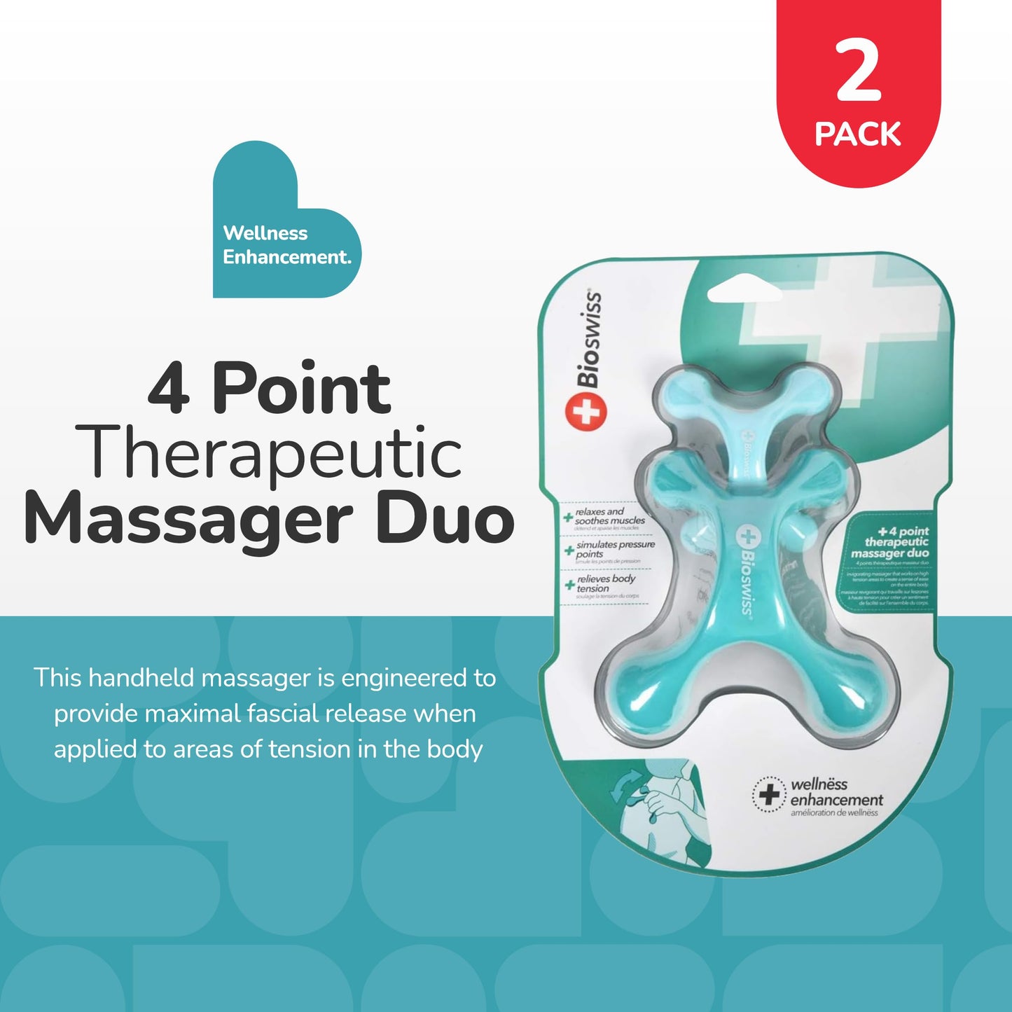 BioSwiss 2-Pack Full Body Massager, 4 Legged Pressure Point Hand Held Massage Tool for Back and Neck Massaging, One Large One Small