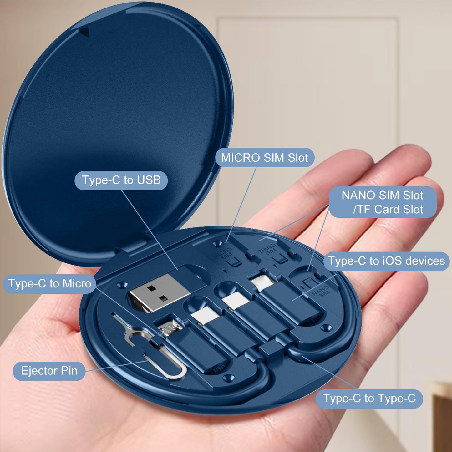 USB C Adapter, Multiple Charging Cable Case Contains OTG Adapters for USB C, USB A to USB C Male Cable, Micro USB to Micro USB, Equipped with SIM Extractor/SIM Slot/Phone Holder