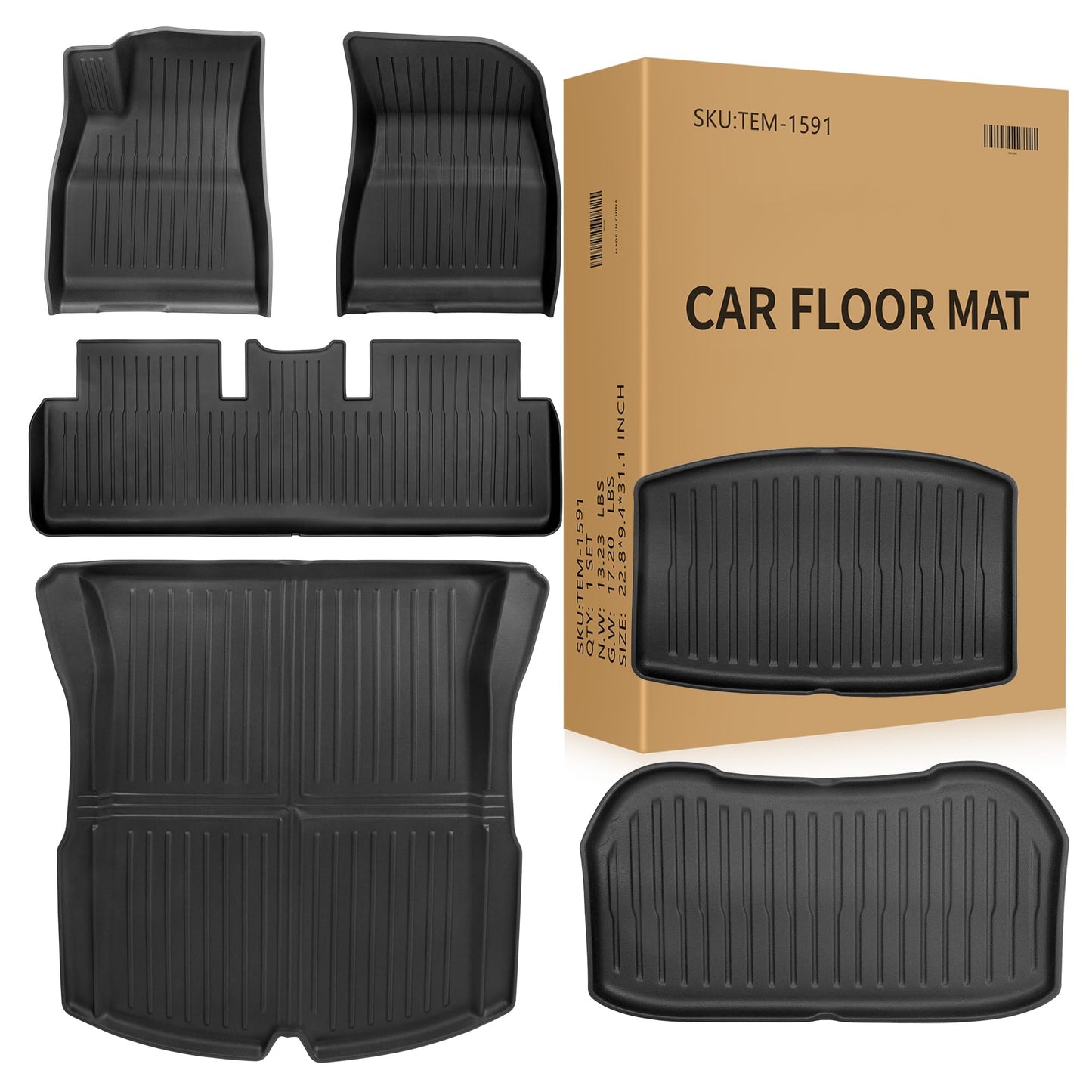 Weize Floor Mats Fit for Tesla Model 3 Highland 2025 2024, TPE All Weather Cargo Liner Floor Mats and Cargo Trunk Mats Accessories Front Rear Cargo Mat Full Set