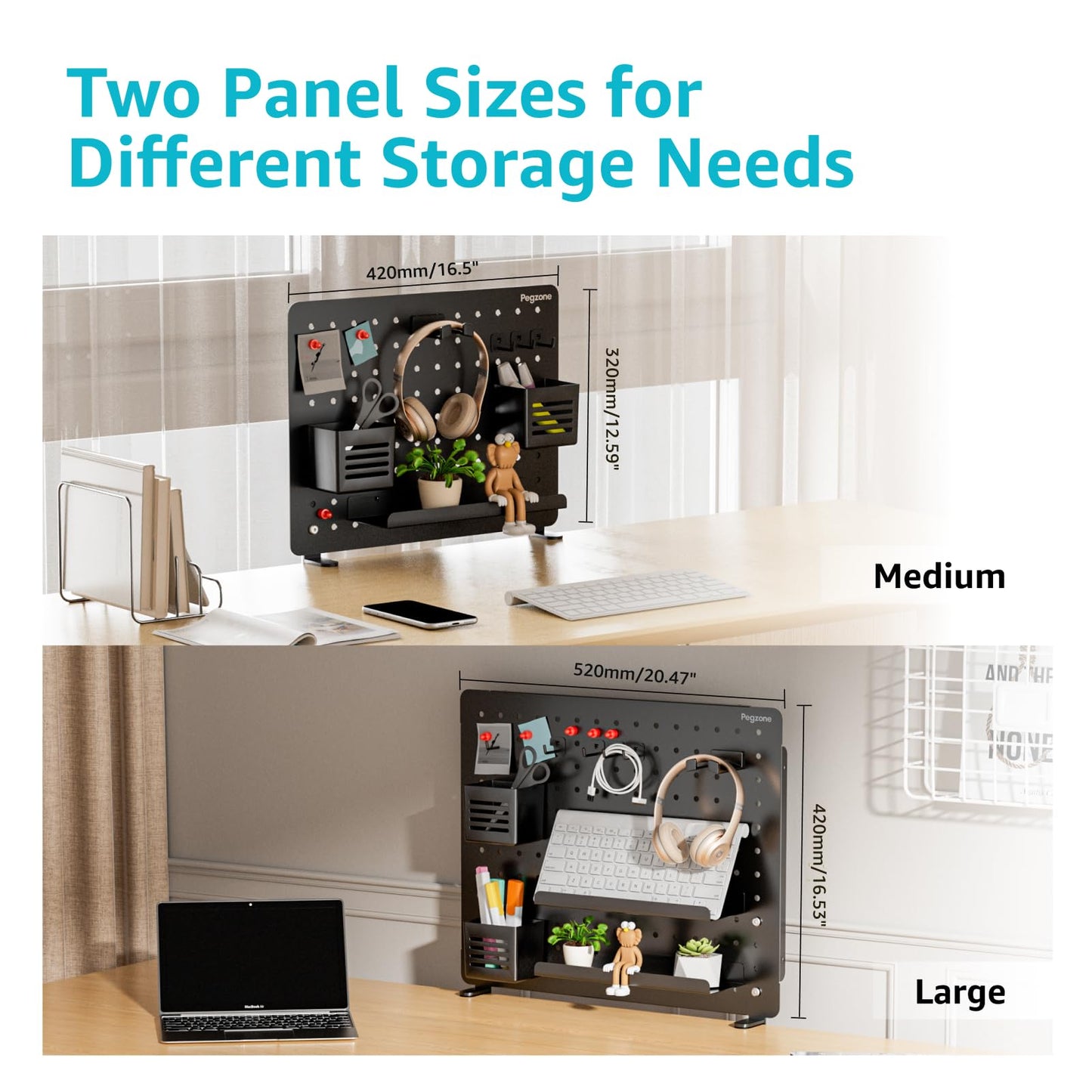 PEGZONE Clamp-on Desk Pegboard, Desk Organizer for Office Gaming Home, Magnetic Metal Peg Board with 10 Accessories, Privacy Panel for Office, 16.5" x 12.6", Medium, Black
