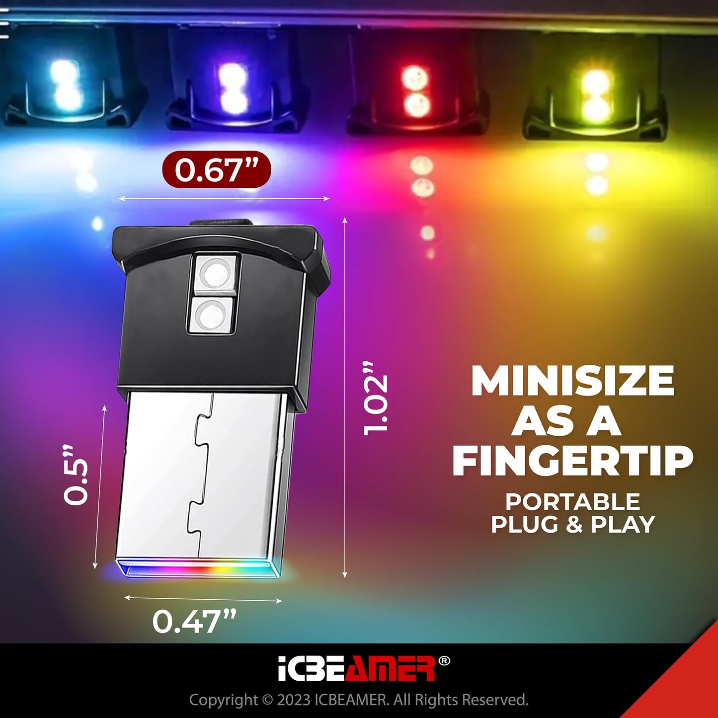 ICBEAMER 2 pcs Mini Smart USB Type-A | Color: Blue | LED Night Light for Car Interior, Trunk, Center Console. Easy Plug-in, Enhance Automotive Ambiance, Perfect for Night Use.