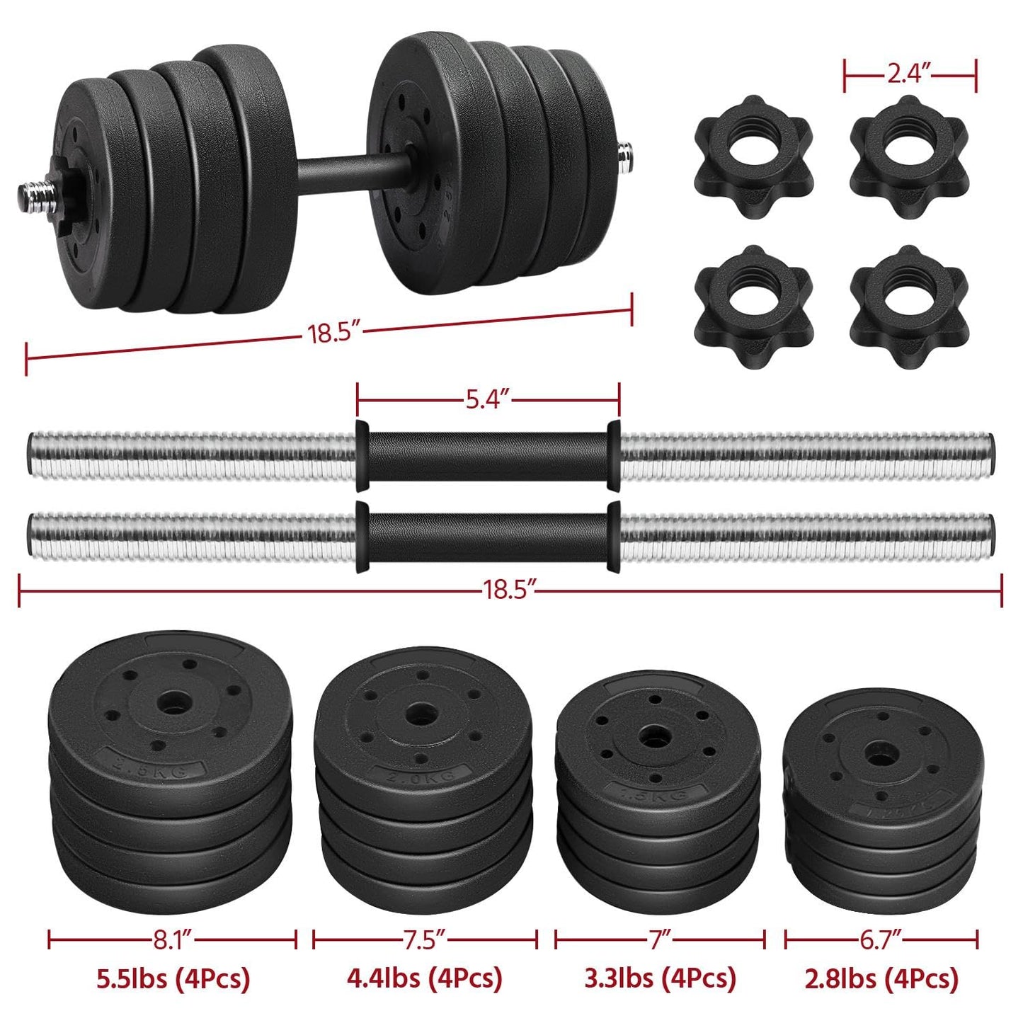 Yaheetech Adjustable Dumbbells Weight Set - 66LB Dumbbell Weights Exercise & Fitness Equipment w/ 4 Spinlock Collars & 2 Connector Options for Women & Men Gym Home Strength Bodybuilding Training