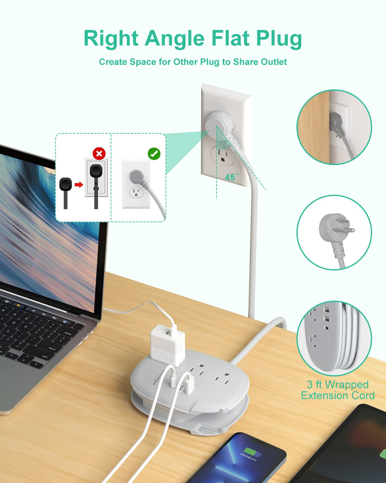 Alitayee USB C Portable Travel Power Strip with 3 Outlets 3 USB Ports Fast Charge, USB Extendable Outlet Extender with Flat Plug and 3ft Wrapped Around Extension Cord for Cruise Travel Home Office