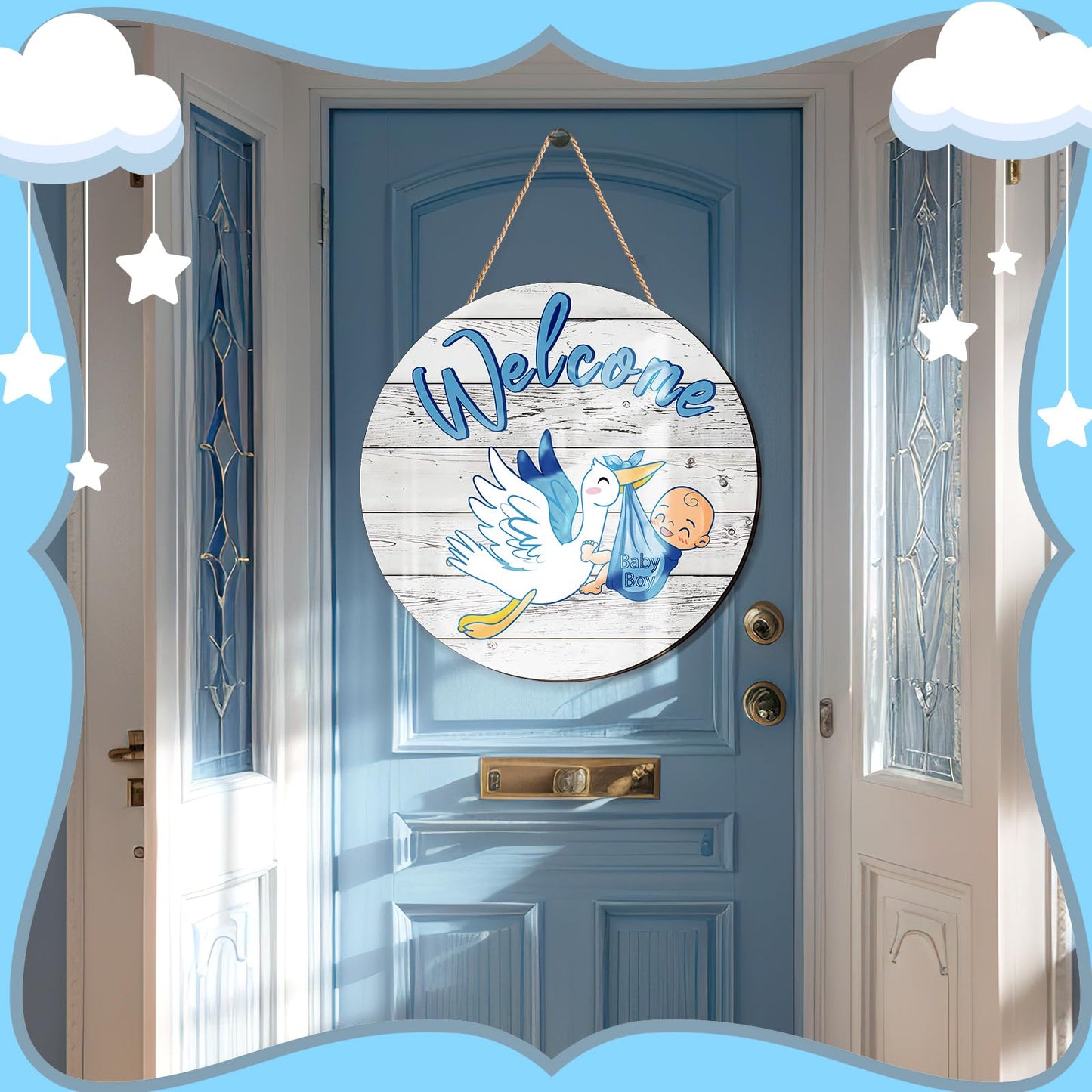 Chunful Baby Boy Door Sign Gender Reveal Welcome Sign Hanging Wreath Round Rustic Wood Farmhouse Decorations Holiday Front Door Decor for Baby Shower Porch Party Supplies