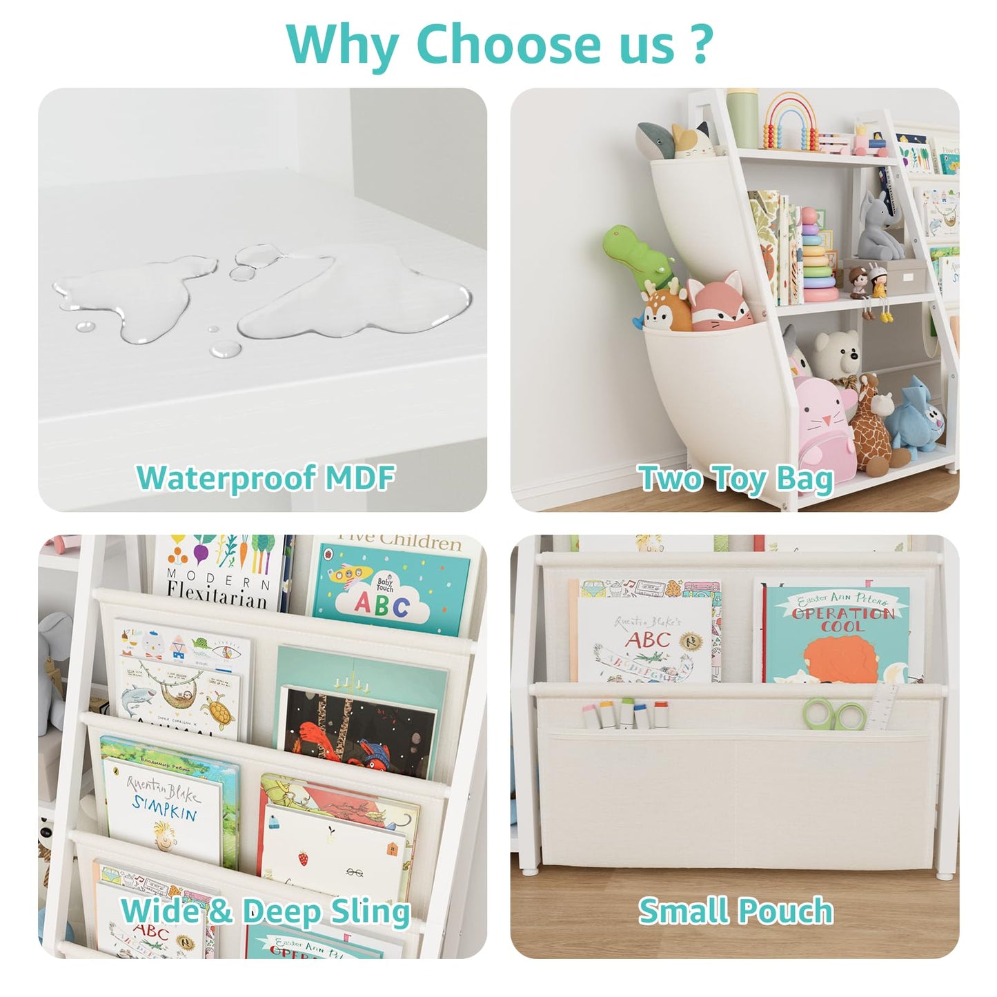 MEUIS Kids Bookshelf and Toy Storage - Toy Organizer with Book Shelf 3 Tier Floor Small Sling Bookcase Bedroom Nursery Kids Room Playroom, White