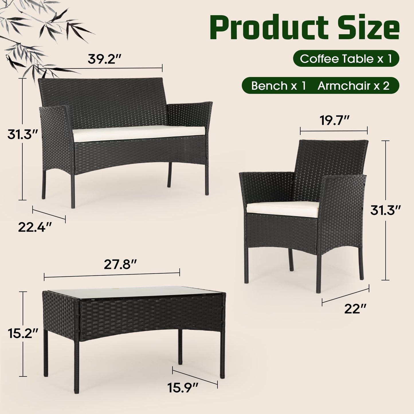FDW Patio Furniture Set 4 Pieces Outdoor Rattan Chair Wicker Sofa Garden Conversation Bistro Sets for Yard,Pool or Backyard