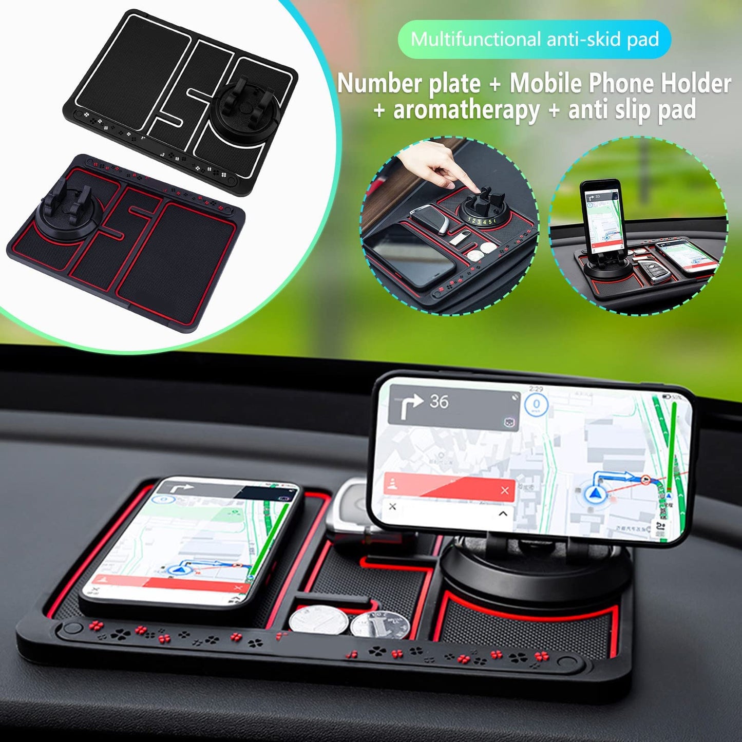 Non-Slip Phone Pad for 4-in-1 Car, 2023 New Cool Glow in The Dark Car Dashboard Phone Mat with Temporary Car Parking Card Number Plate and Aromatherapy, Anti-Shake Pad Universal Phone Holder (Red)