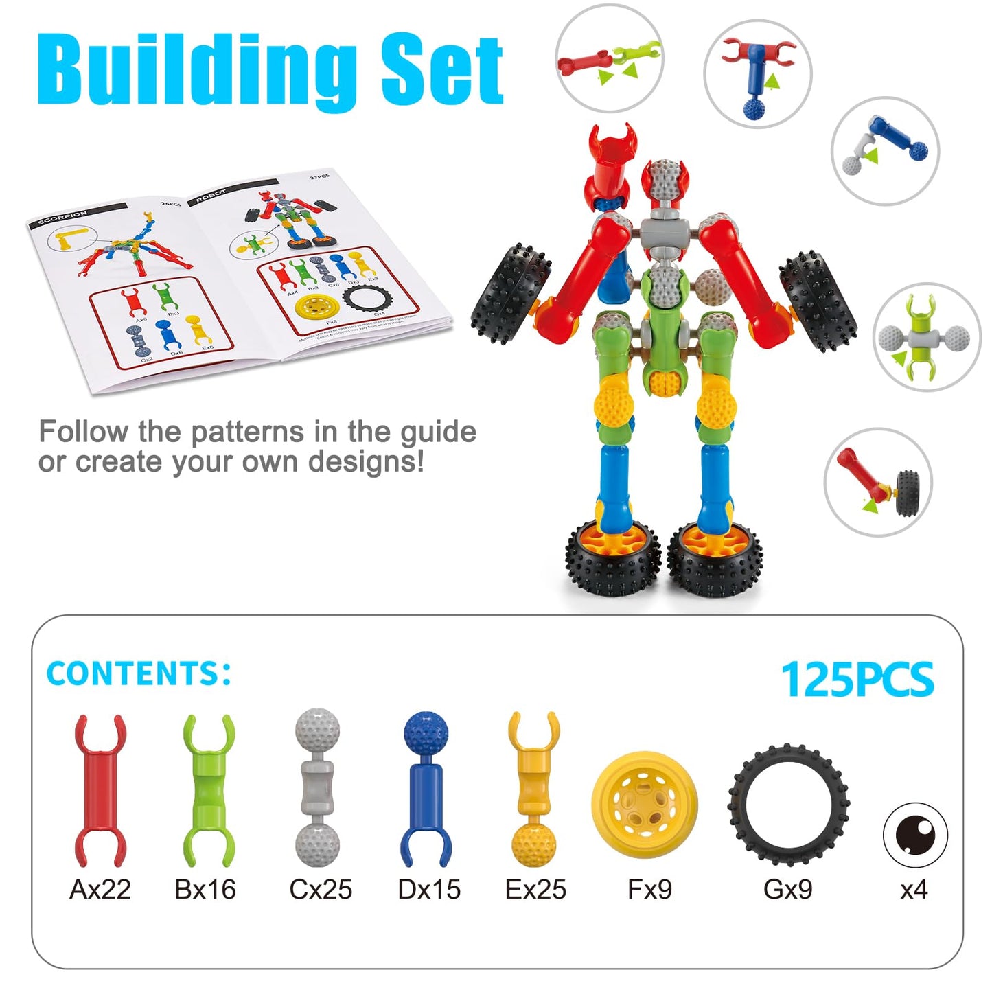 Kids STEM Building Toys for 3 4 5 6 7 8+ Year Old Boy Girl Birthday Gift, 125 Pcs Preschool Classroom Educational Building Blocks Stem Kits Activities Ages 3-5 4-8 5-7 6-8 Engineering Creative Games