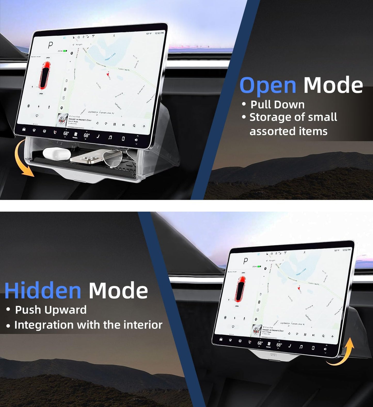 WinDu Under Screen Storage for Tesla Model 3 Y 2016-2025, Open and Close Hideable Center Console Organizer Tray with Anti-Slip Silicone Pad, Interior Accessories