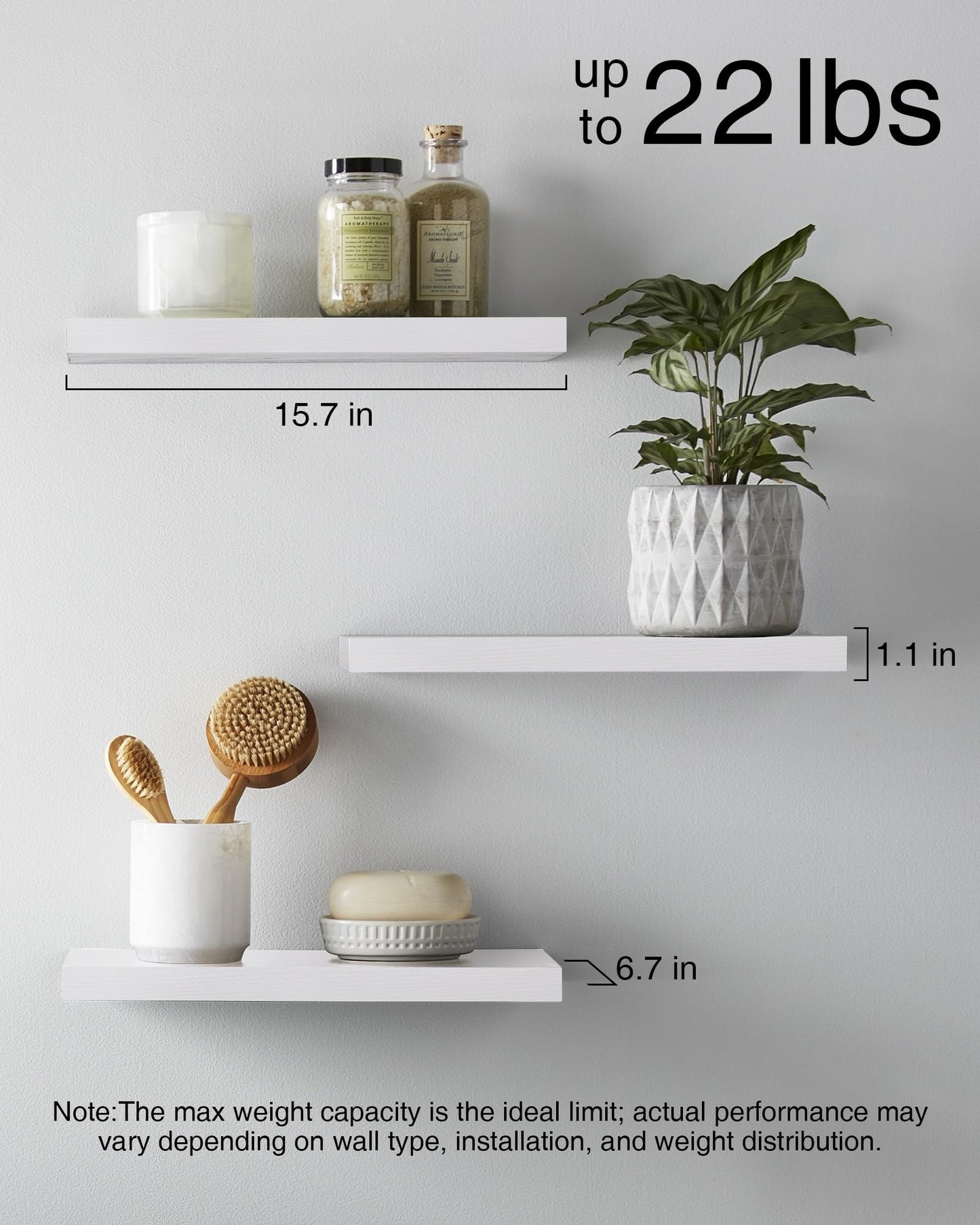 BAYKA Floating Shelves for Wall, Wall Mounted Rustic Wood Shelves for Bathroom, Bedroom, Living Room, Kitchen, Hanging Shelf for Books/Storage/Room Decor with 22lbs Capacity (White, Set of 3, 15.7in)