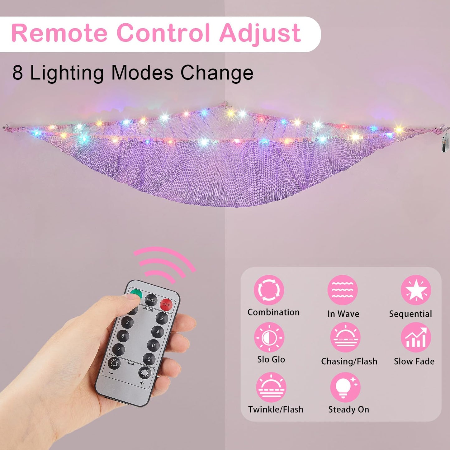 Basumee Stuffed Animals Net or Hammock with LED Light Hanging Toy Net Hammock for Stuffed Animals Storage Stuff Animals Hammocks for Nursery Kids Room with Remote Control, 8 Kinds of Lights(Pack of 1)