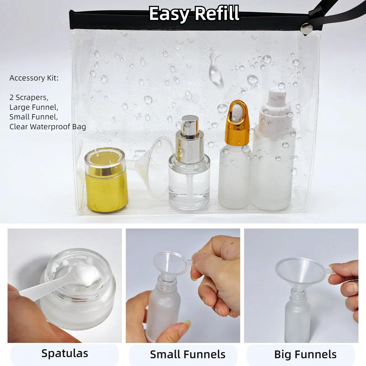 12Pack Premium Glass Travel Size Bottles, Mini Makeup Containers 1.3/0.7/0.3oz TSA Approved Gold Travel Skincare Containers Refillable BPA Free Leak Proof with Pump Spray for Liquid Toners Serum Cream