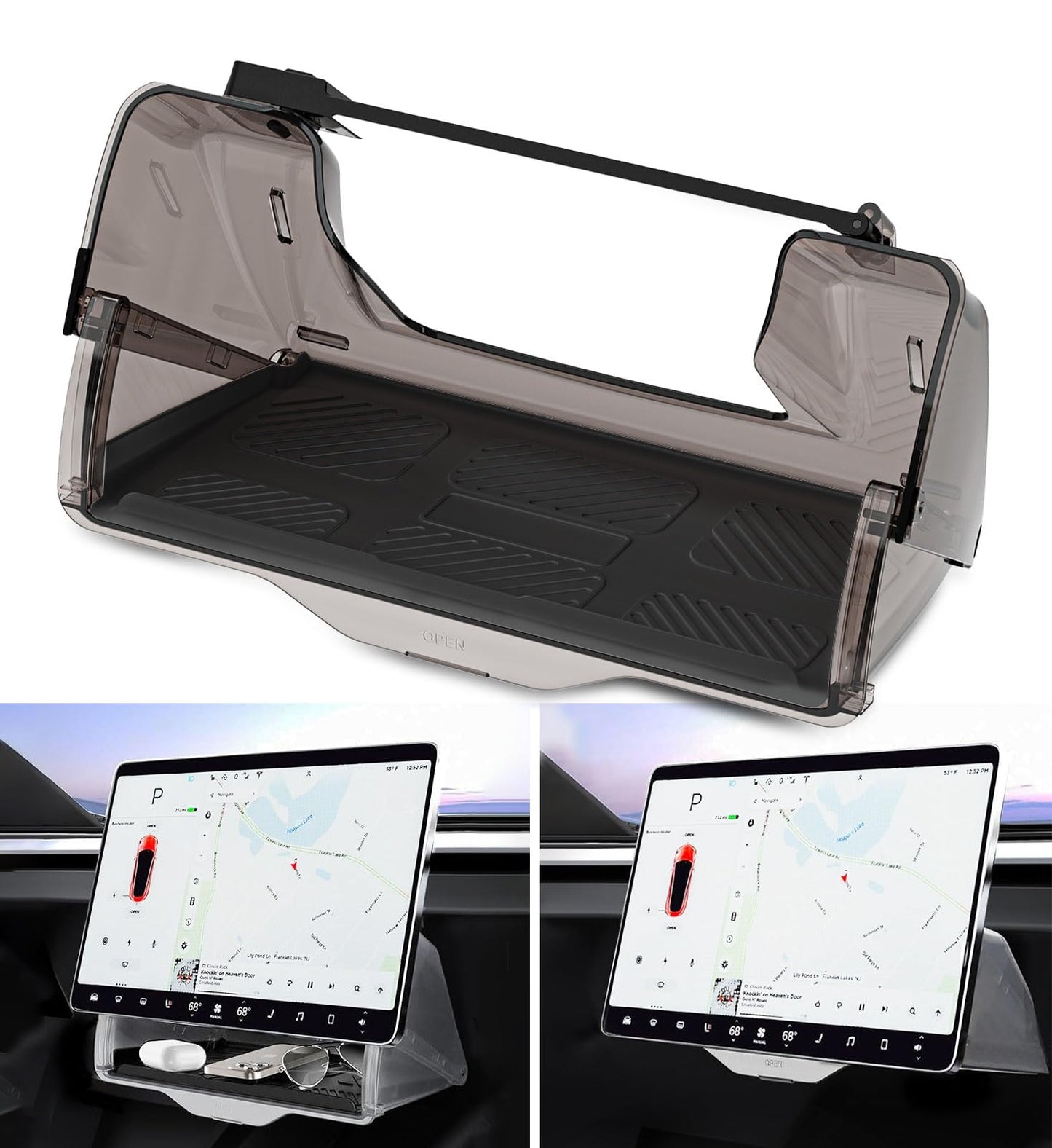 WinDu Under Screen Storage for Tesla Model 3 Y 2016-2025, Open and Close Hideable Center Console Organizer Tray with Anti-Slip Silicone Pad, Interior Accessories