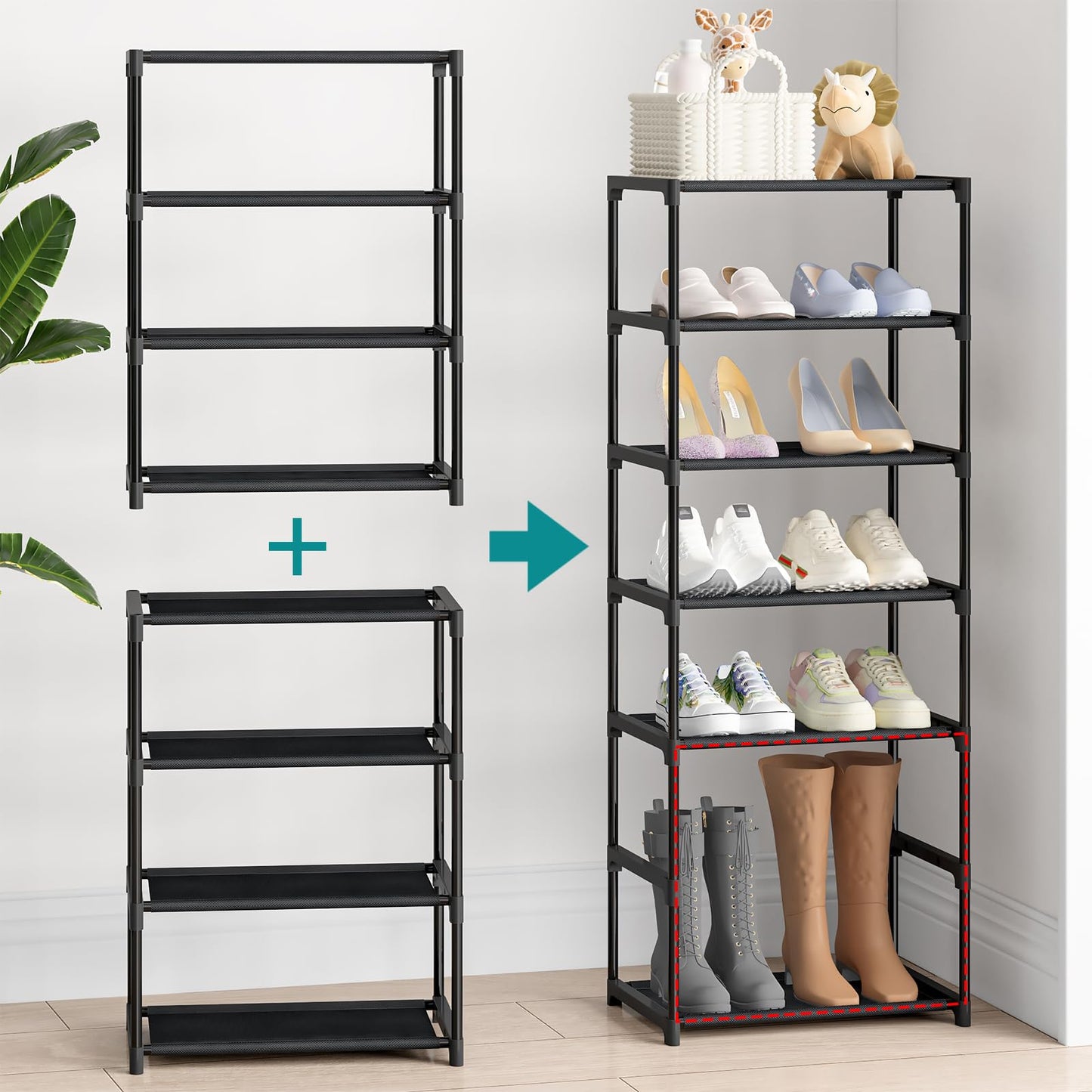 Autonomier 4 Tier Small Shoe Rack, Narrow Stackable Kids Toddler Adult Shoe Storage Organizer Shelf for Closet Floor Entryway Bedroom, Space Saver Shoe Rack Organization Shelves