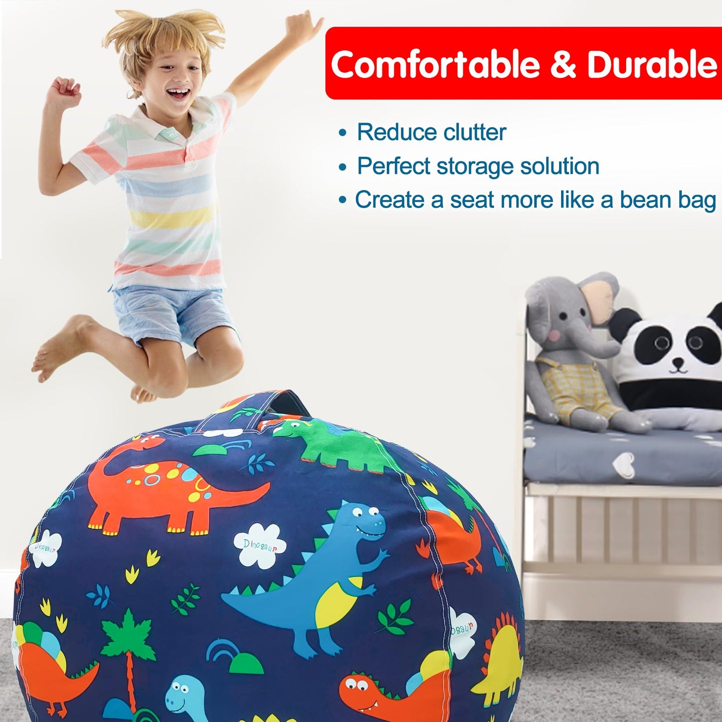 Lukeight Stuffed Animal Storage Bean Bag Chair Cover for Kids, Dinosaur Zipper Beanbag Chair Cover for Organizing Toddler and Kids' Rooms Plush Toys (Dinosaur, Large)