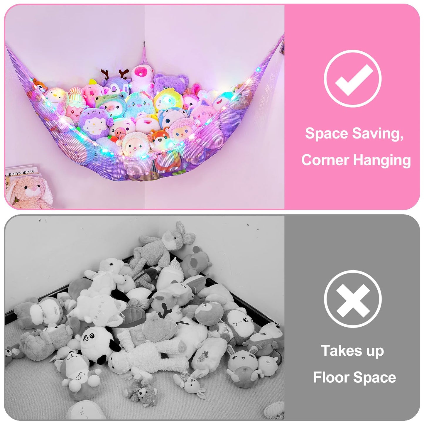 Basumee Stuffed Animals Net or Hammock with LED Light Hanging Toy Net Hammock for Stuffed Animals Storage Stuff Animals Hammocks for Nursery Kids Room with Remote Control, 8 Kinds of Lights(Pack of 1)
