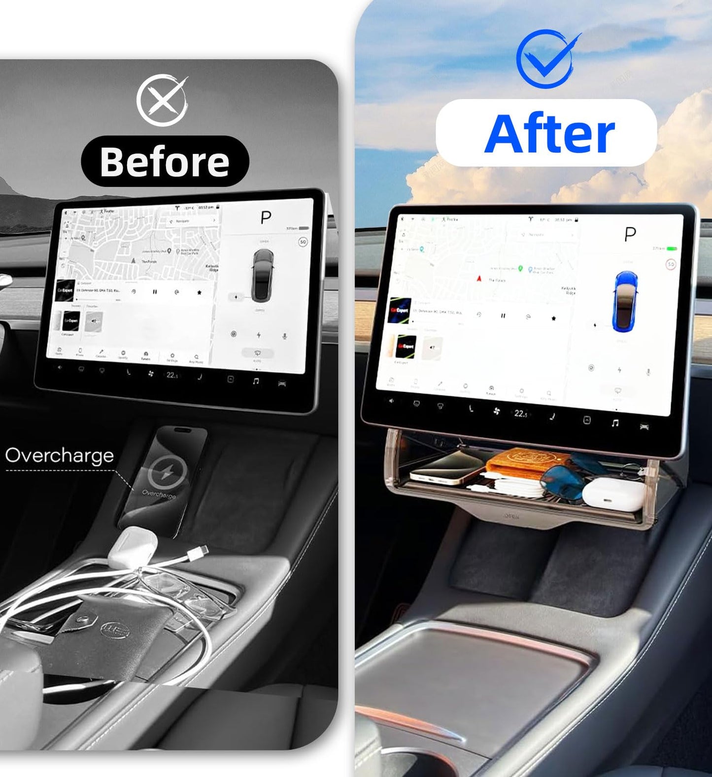 WinDu Under Screen Storage for Tesla Model 3 Y 2016-2025, Open and Close Hideable Center Console Organizer Tray with Anti-Slip Silicone Pad, Interior Accessories