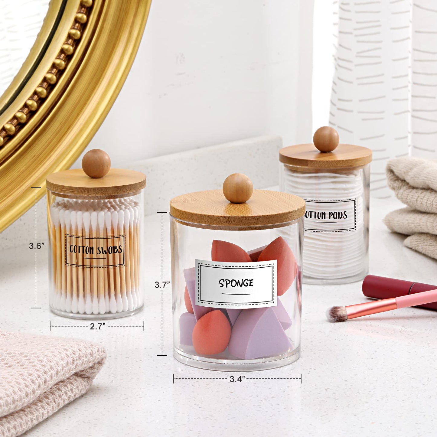 3 Pack Qtip Holder Dispenser with Bamboo Lids - Apothecary Jar Containers for Vanity Organizer Storage - Bathroom Accessories Set for Cotton Swab, Ball, pads, floss
