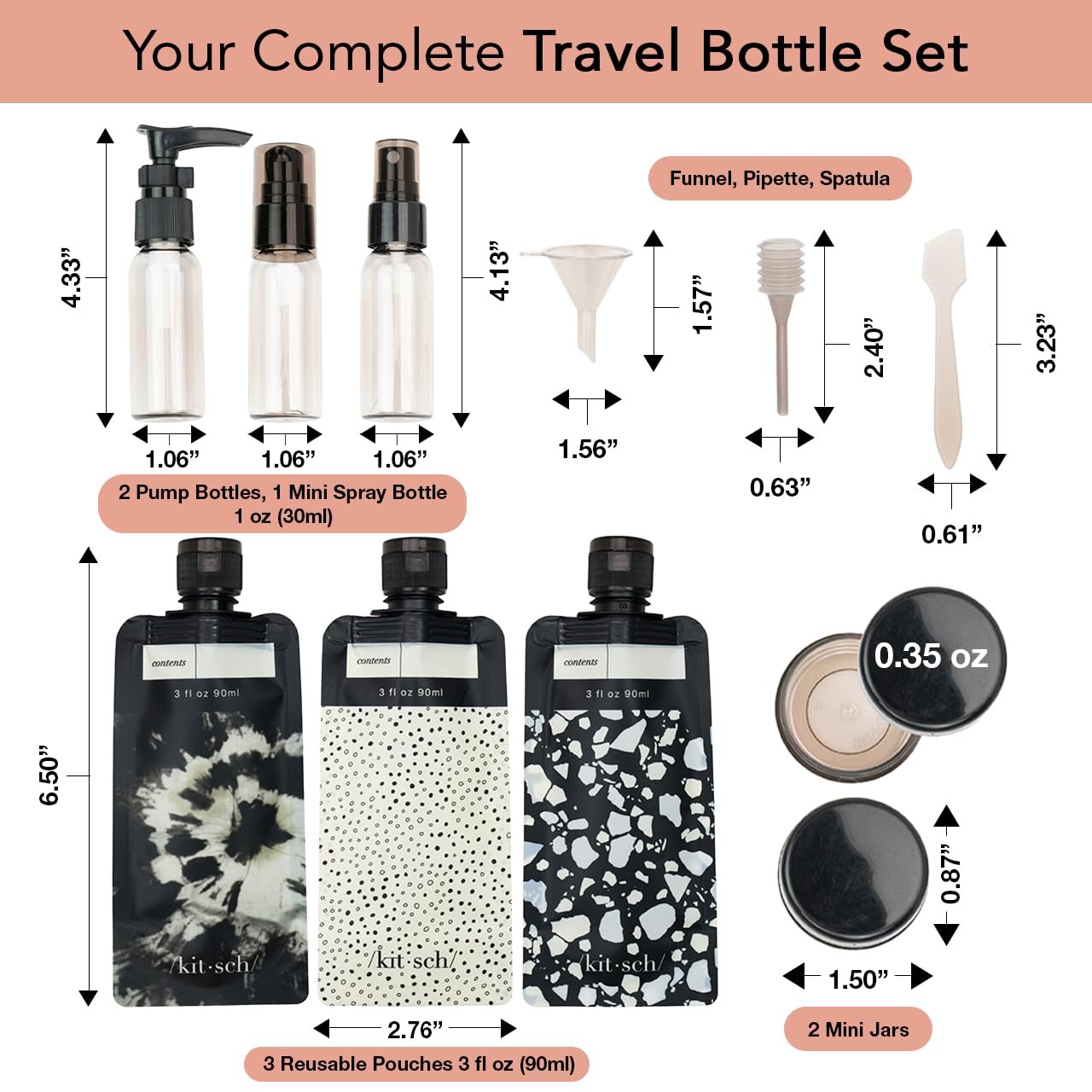 Kitsch Travel Bottles for Toiletries - TSA Approved Bottles, Refillable, Leak-Proof Travel Size Containers, Essentials Kit for Shampoo, Conditioner, Lotion and More - 11 Pack