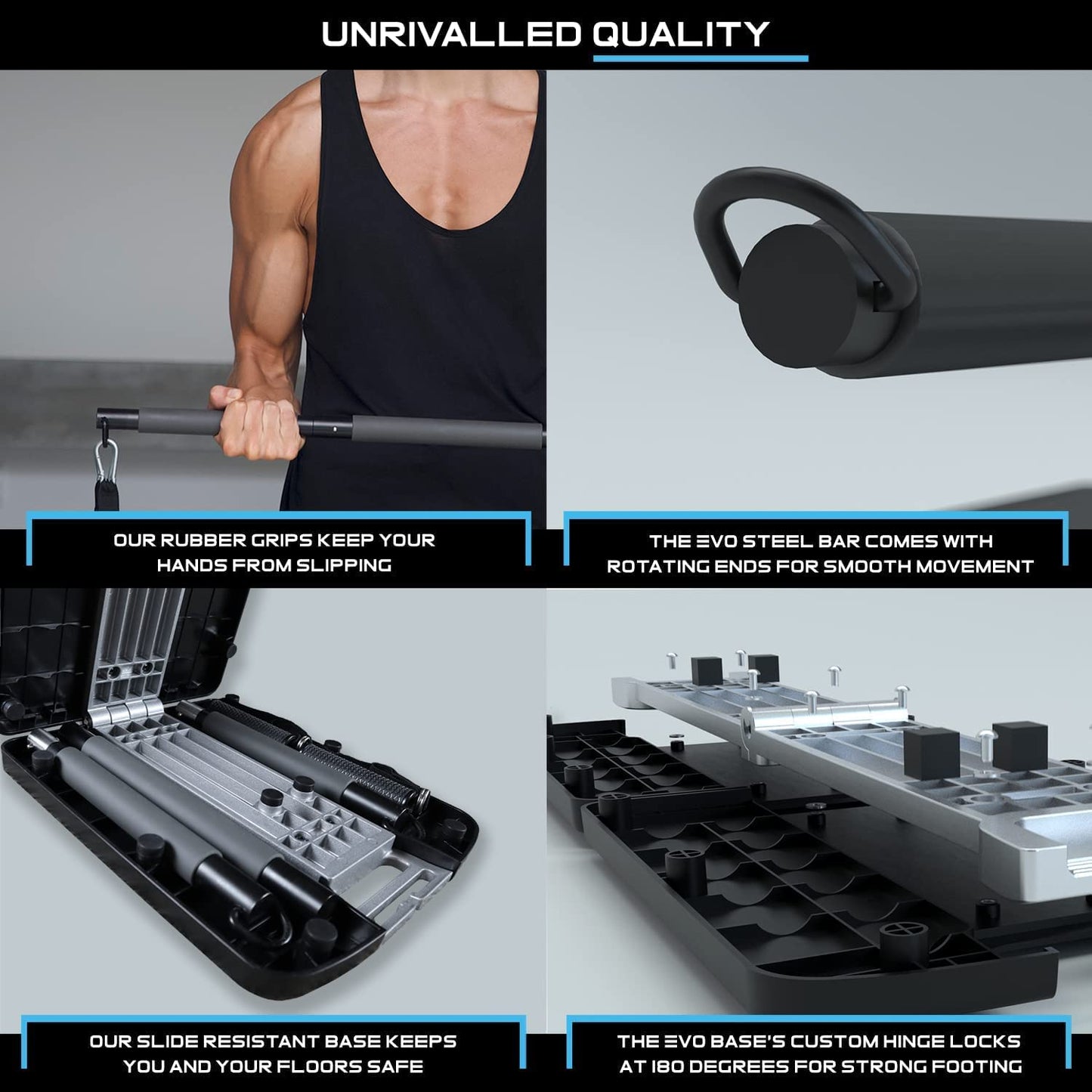 EVO Gym - Portable Home Gym Strength Training Equipment, at Home Gym | All in One Gym - 8 Resistance Bands, Base Holds Gym Bar & Handles for Travel | Portable Gym & Home Exercise Equipment | 220LBS