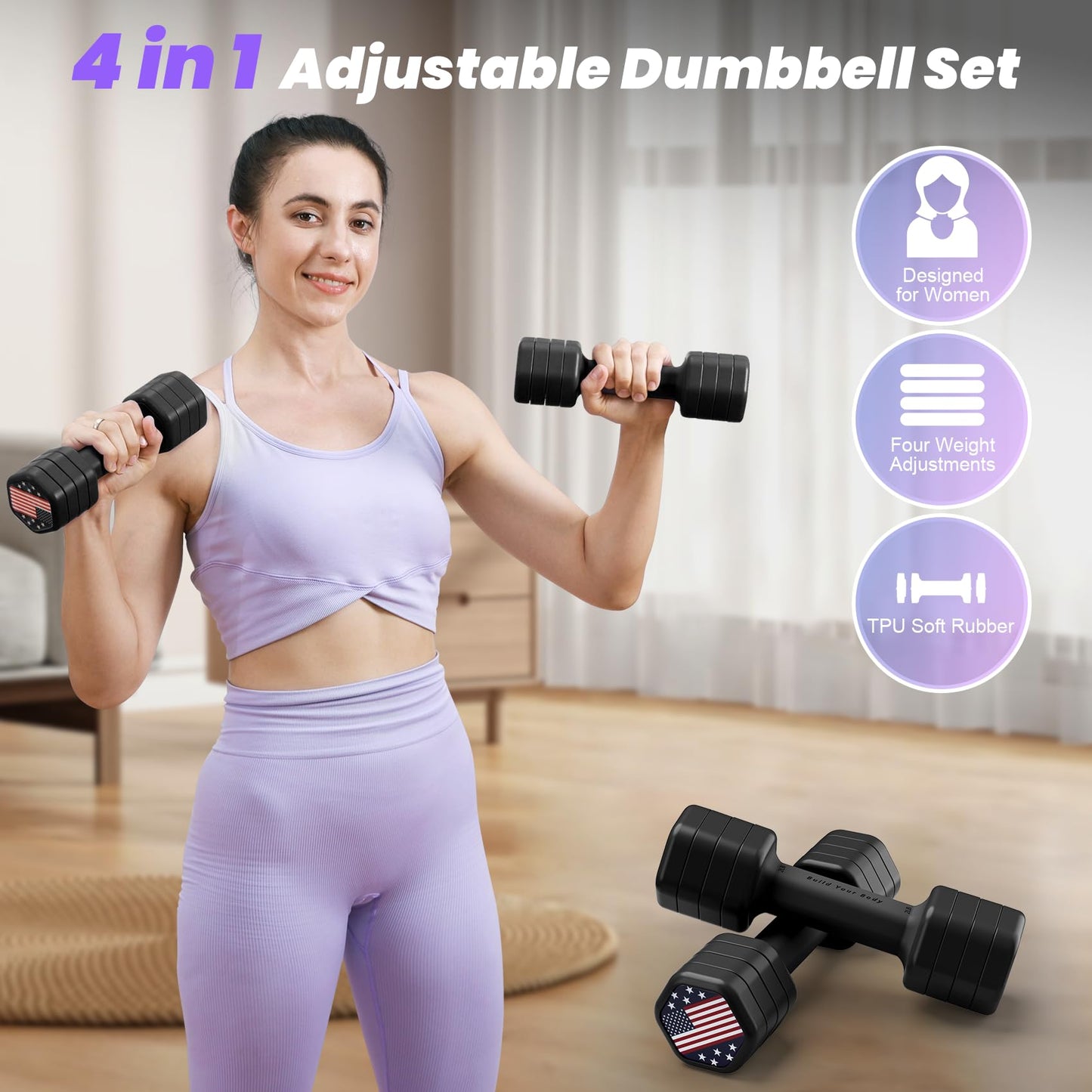 Zempox Adjustable Dumbbell Set of 2, 4 in 1 Hand Weights for Women at Home, 5 lb Weights Dumbbells set of 2, Each 2lb 3lb 4lb 5lb with TPU Soft Rubber Handle for Home Gym Exercise Training, Black