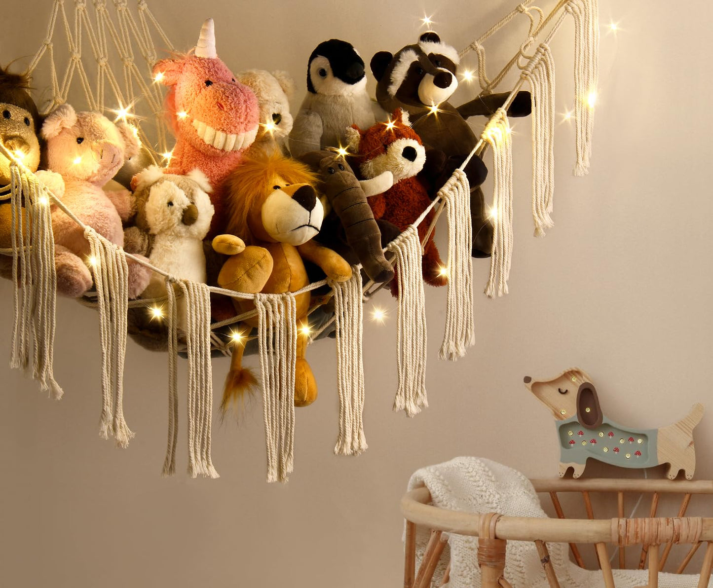 Stuffed Animal Storage Hammock Corner X-Large with LED Light - Baby Hammock Hanging Holder Plushies Net for Stuff Animals Organizer - Cute Room Decor Aesthetic Kids Toddler Nursery Bedroom Boho