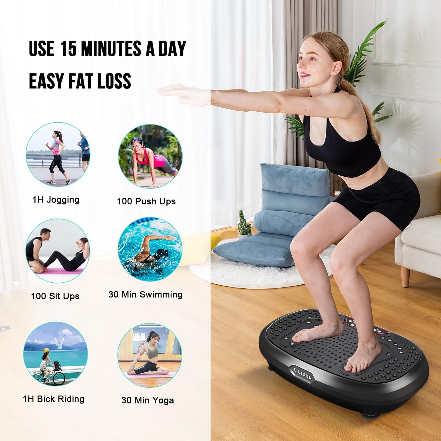 EILISON FitMax 3D XL Vibration Plate Exercise Machine - Whole Body Workout Vibration Platform w/Loop Bands - Lymphatic Drainage Machine for Weight Loss, Shaping, Wellness, Recovery