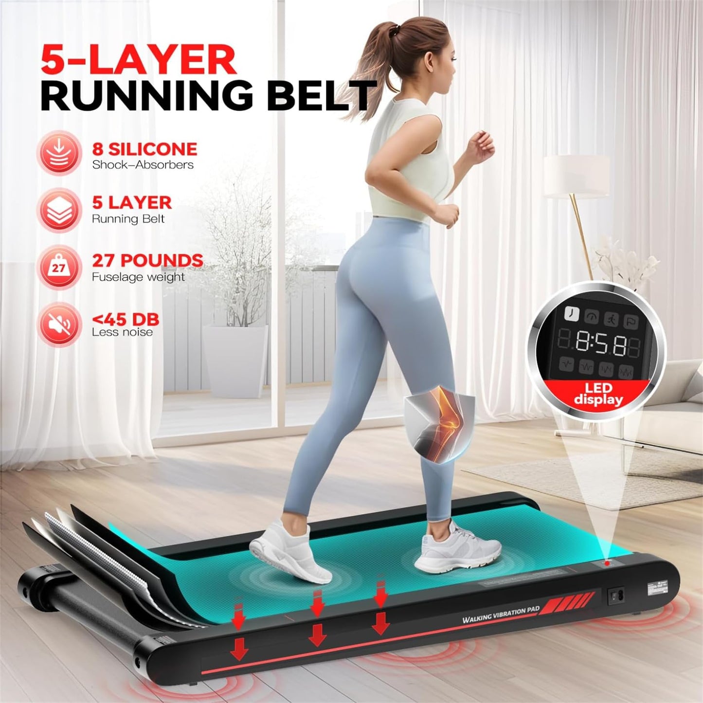 Walking Pad Treadmill with APP, 3 in 1 Under Desk Treadmill, 2.5HP Low Noise Walking Vibration Pad with Remote Control,Portable Treadmills for Home Office, Red