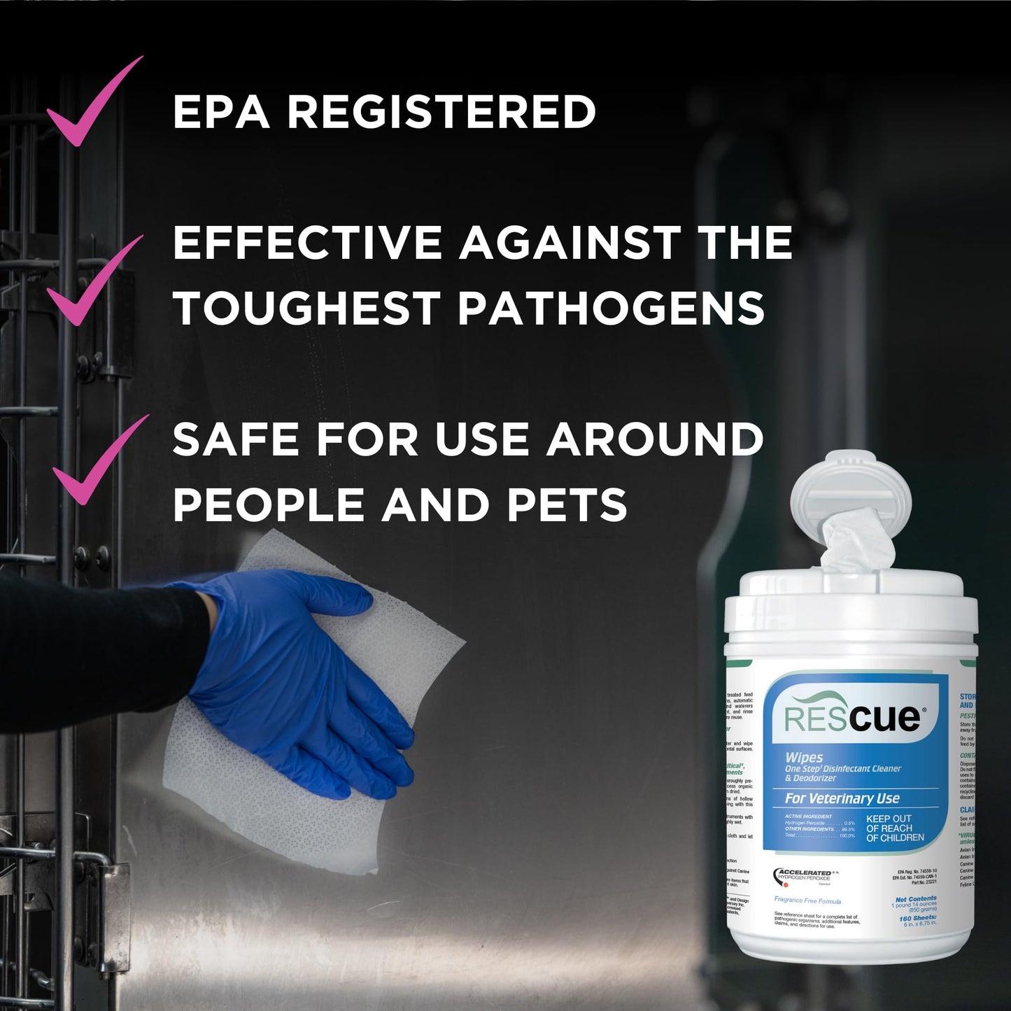REScue One-Step Disinfectant Cleaner & Deodorizer Wipes for Vet Use – Cleaner for Kennels, Litter Boxes, Vet Offices, Pet Grooming Surfaces, Pet Items – Wipes Canister, 160-Count (Pack of 1)