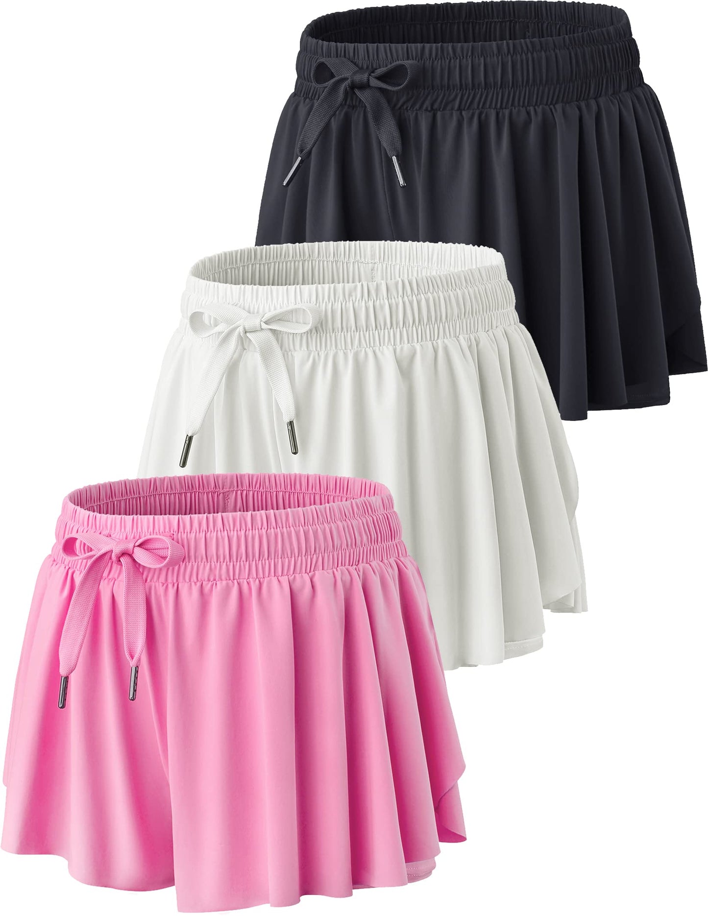 3 Pack Girls Flowy Shorts with Spandex Liner 2-in-1 Youth Butterfly Skirts for Fitness, Running, Sports (Set 2, Youth Large)