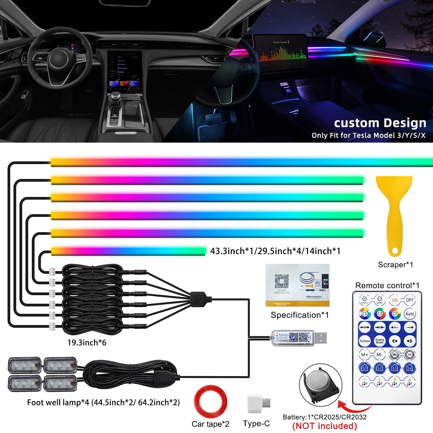 Tesla Model 3/Y/S/X Dreamcolor Acrylic Interior Car LED Strip Light with USB/Type C, 10 in 1 with 175 inches 600 LEDs Tesla Ambient Lighting Kits, Sound Active Function Neon Tesla Accessories