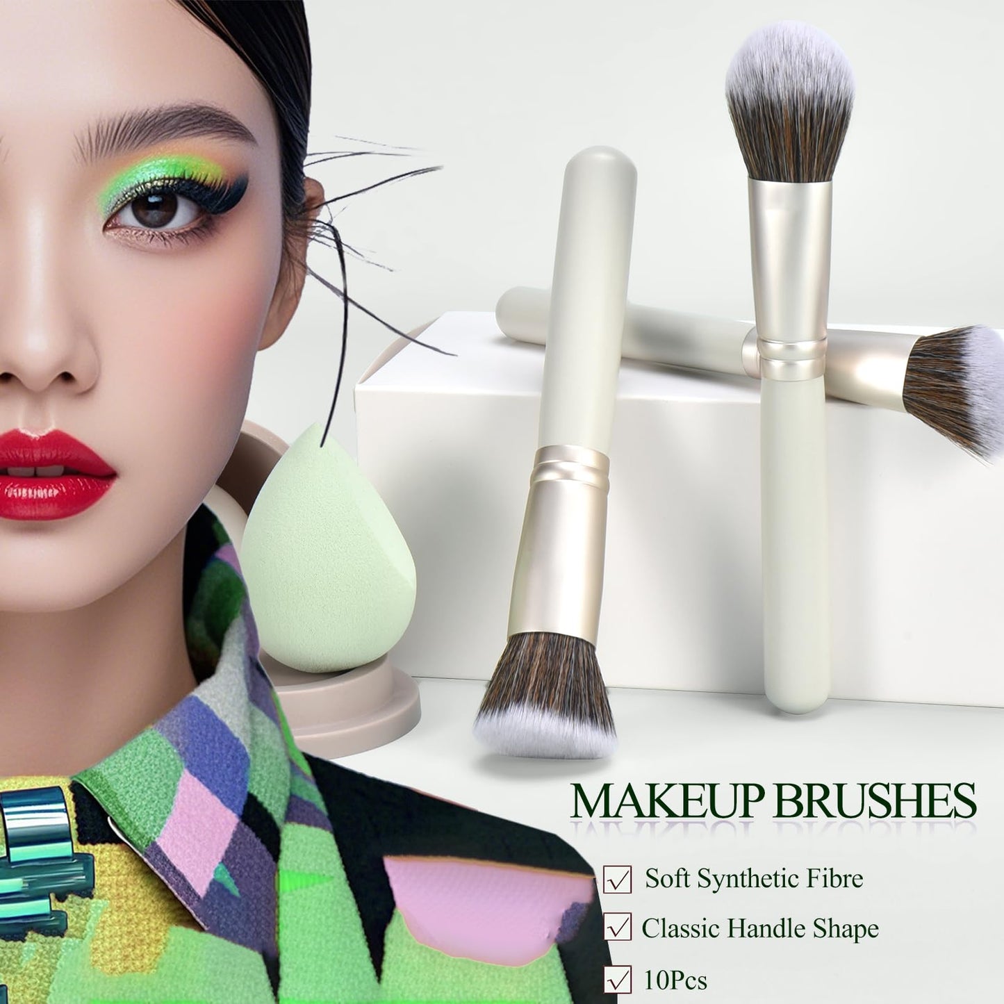 10Pcs Makeup Brush Set With Sponges And Drying/Storage Case,Best Gift For Women/Girls, Used For Powder, Foundation, Highlight, Eye Shadow, Concealer, Etc., Suitable For Beginners (Green 13pcs)